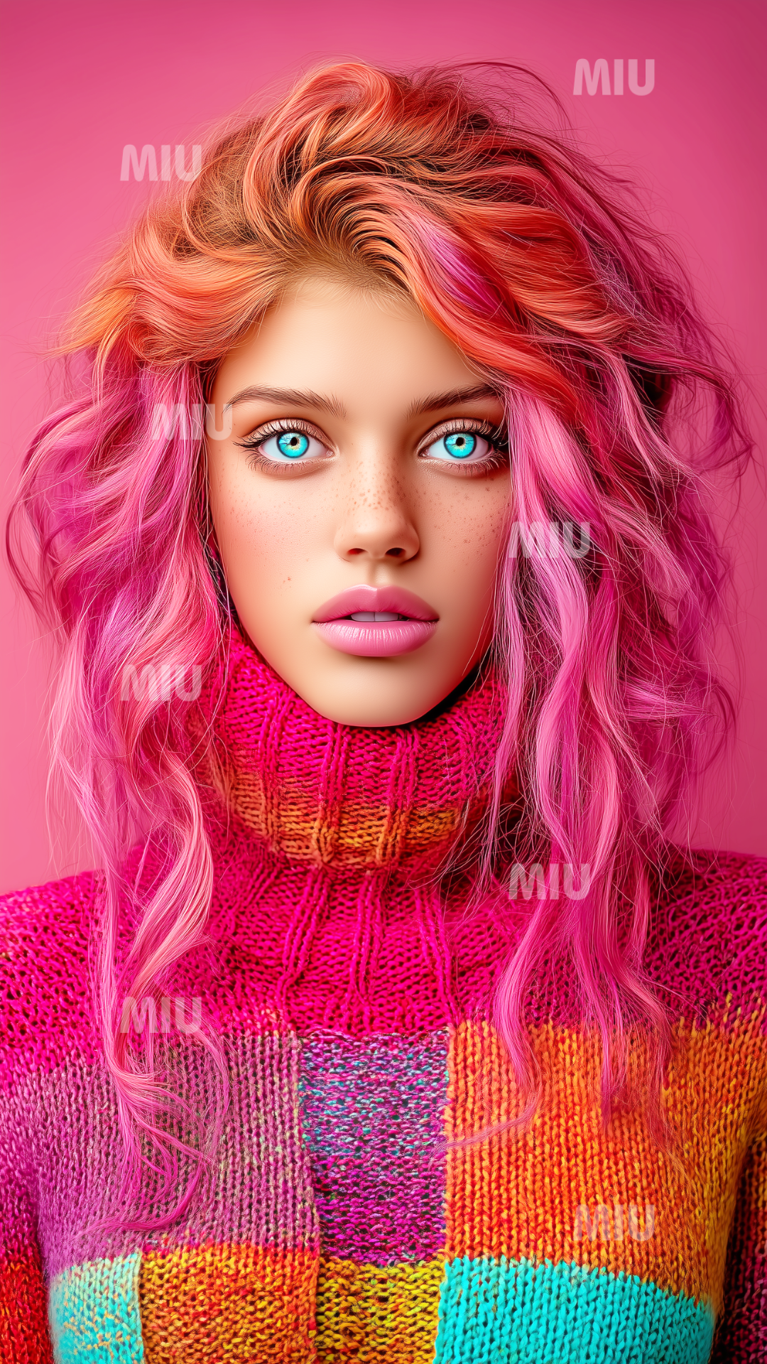 Portrait artistique d’une jeune femme aux cheveux roses et corail, yeux bleus lumineux et pull coloré, dans un style vibrant MIU.