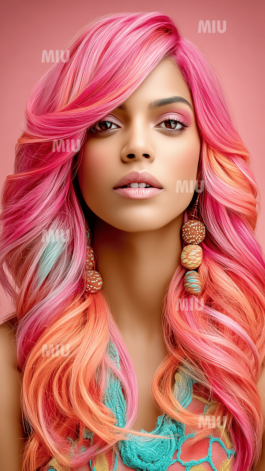 Portrait artistique d’une femme aux cheveux rose, orange et turquoise avec maquillage doux et accessoires ethniques, style tropical et coloré MIU.