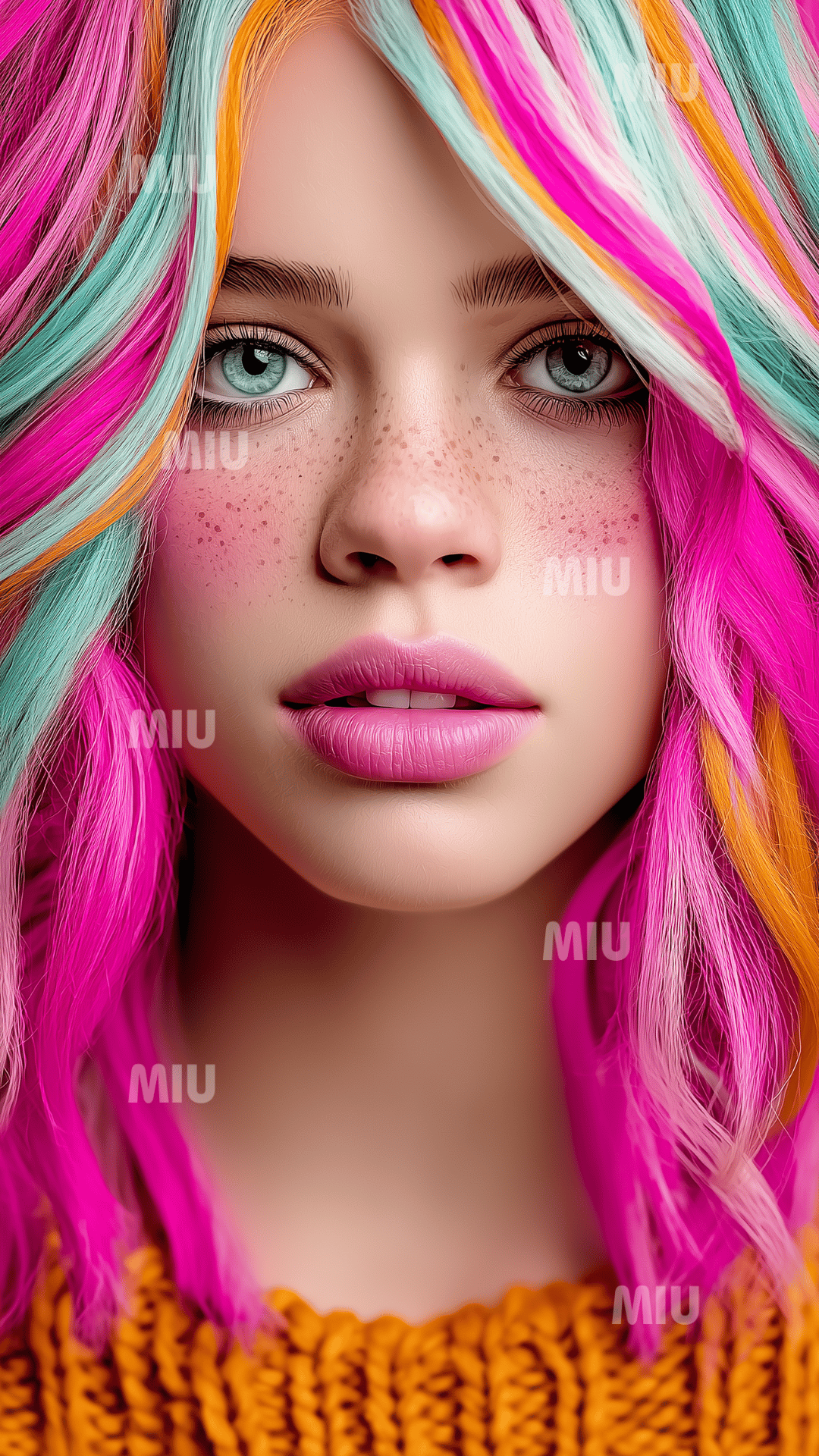 Portrait artistique d’un visage aux cheveux multicolores rose, turquoise et orange, avec taches de rousseur et maquillage doux, style coloré MIU.