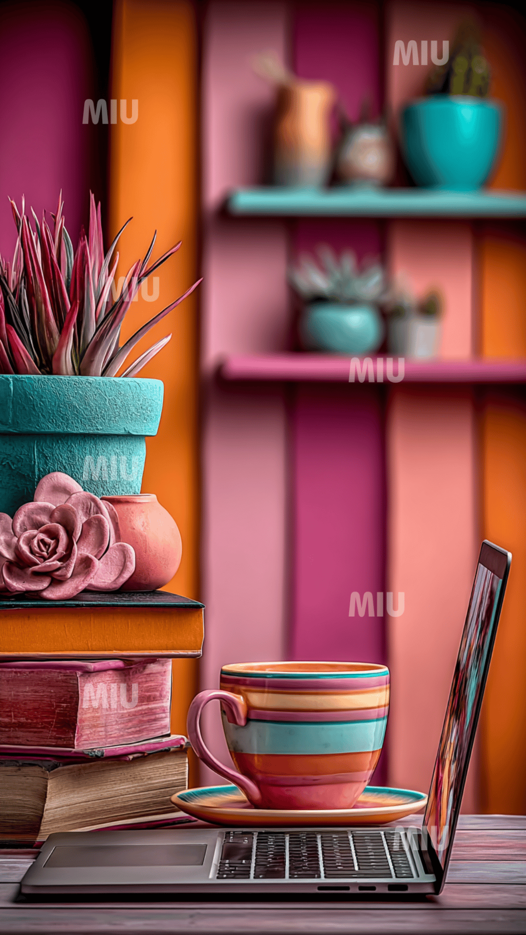 Espace de travail coloré avec une tasse rayée, des livres empilés, un ordinateur portable et des plantes décoratives dans des pots turquoise, rose et orange.