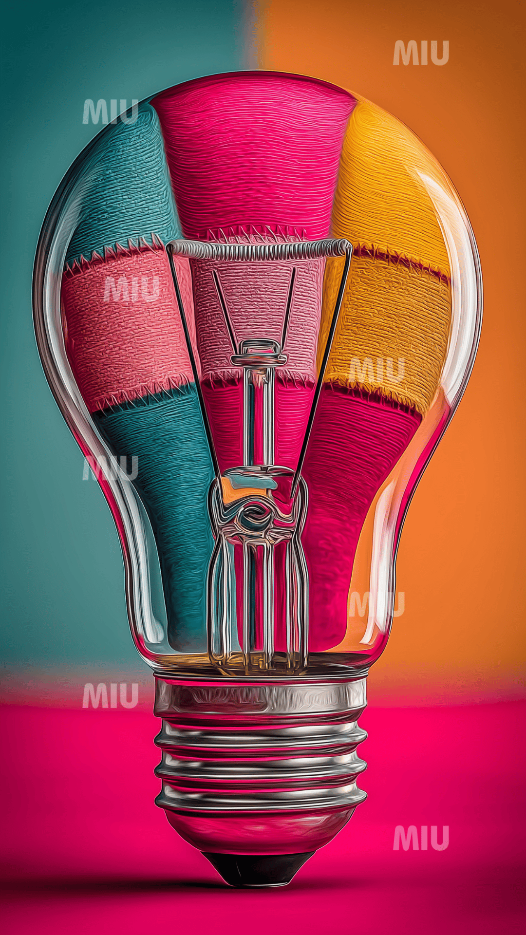 Ampoule transparente contenant des segments textiles colorés rose, turquoise, orange et rouge, posée sur un fond dégradé turquoise, rose et orange.