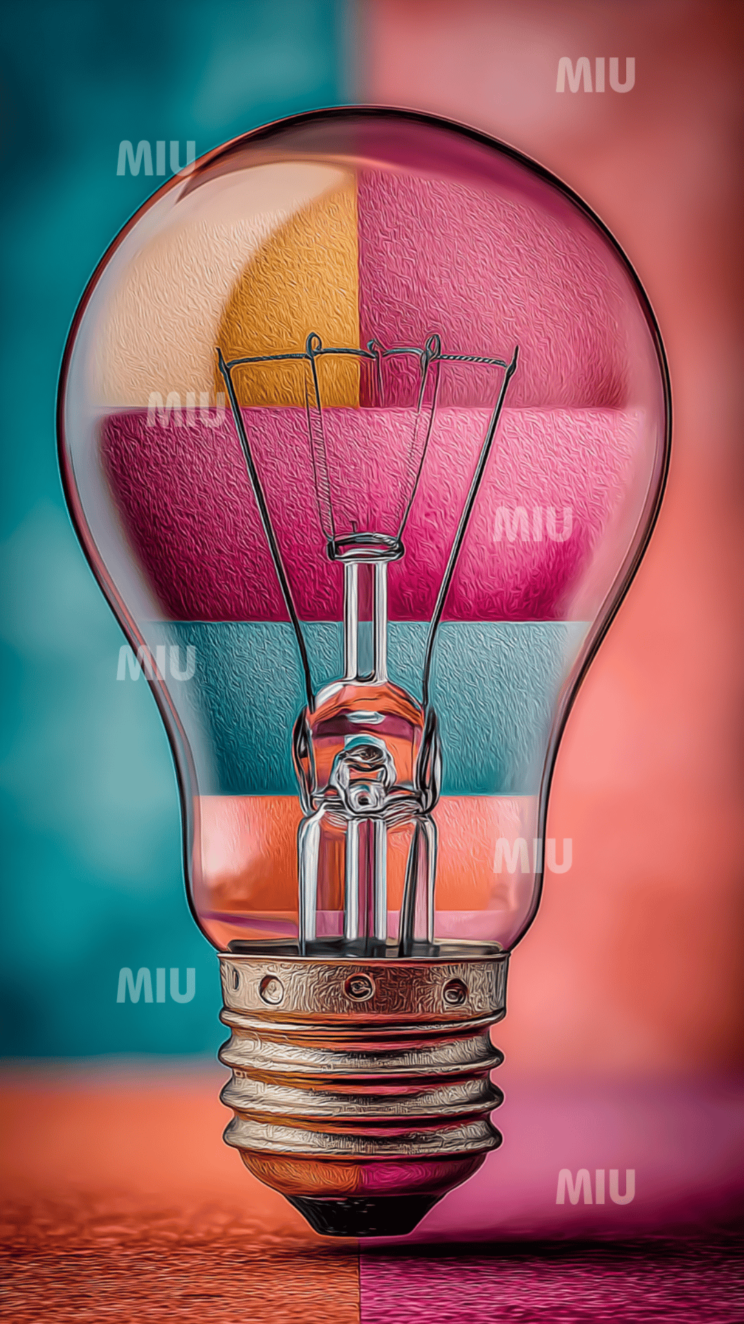 Ampoule transparente contenant un patchwork de couleurs vives, posée sur un fond dégradé turquoise, rose et orange.