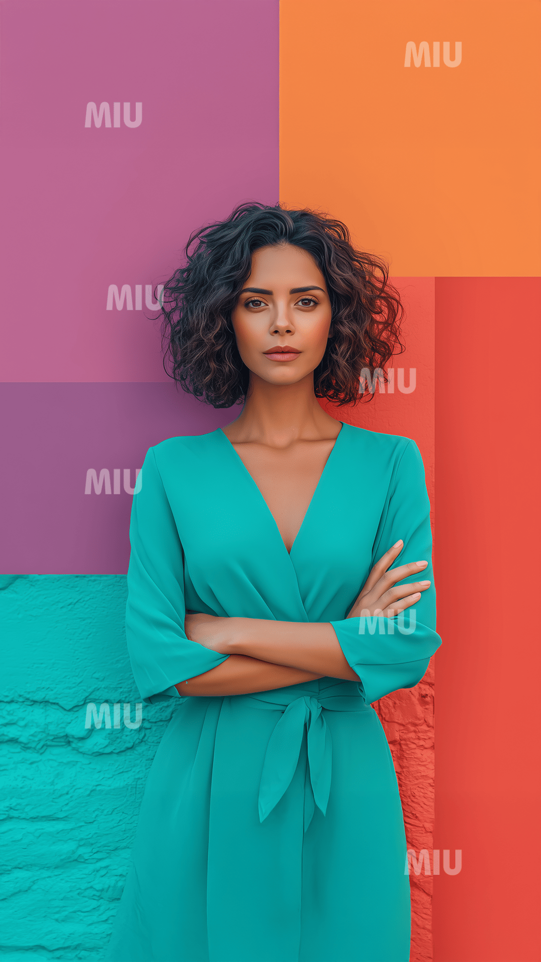Portrait d’une femme confiante en robe turquoise devant un mur colorblock violet, orange, rouge et turquoise.