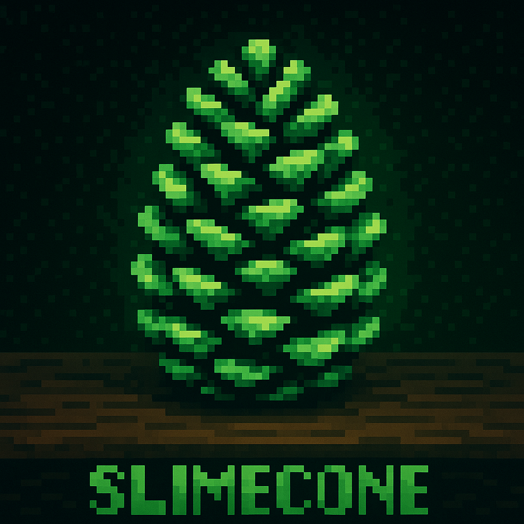 Pixel art image of a glowing pinecone on a wood table with a black background. The word 