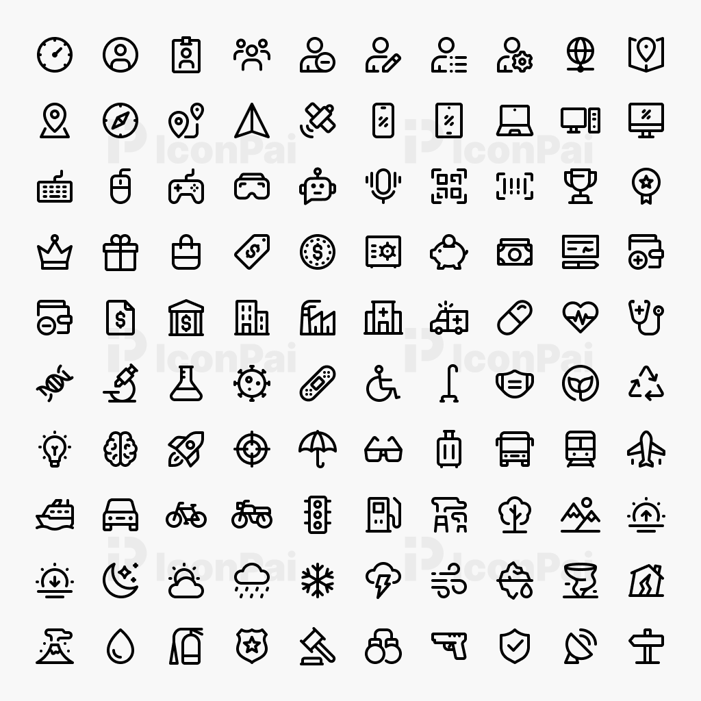 Basic UI Icons – Bold thick line style preview of 100 essential UI symbols.