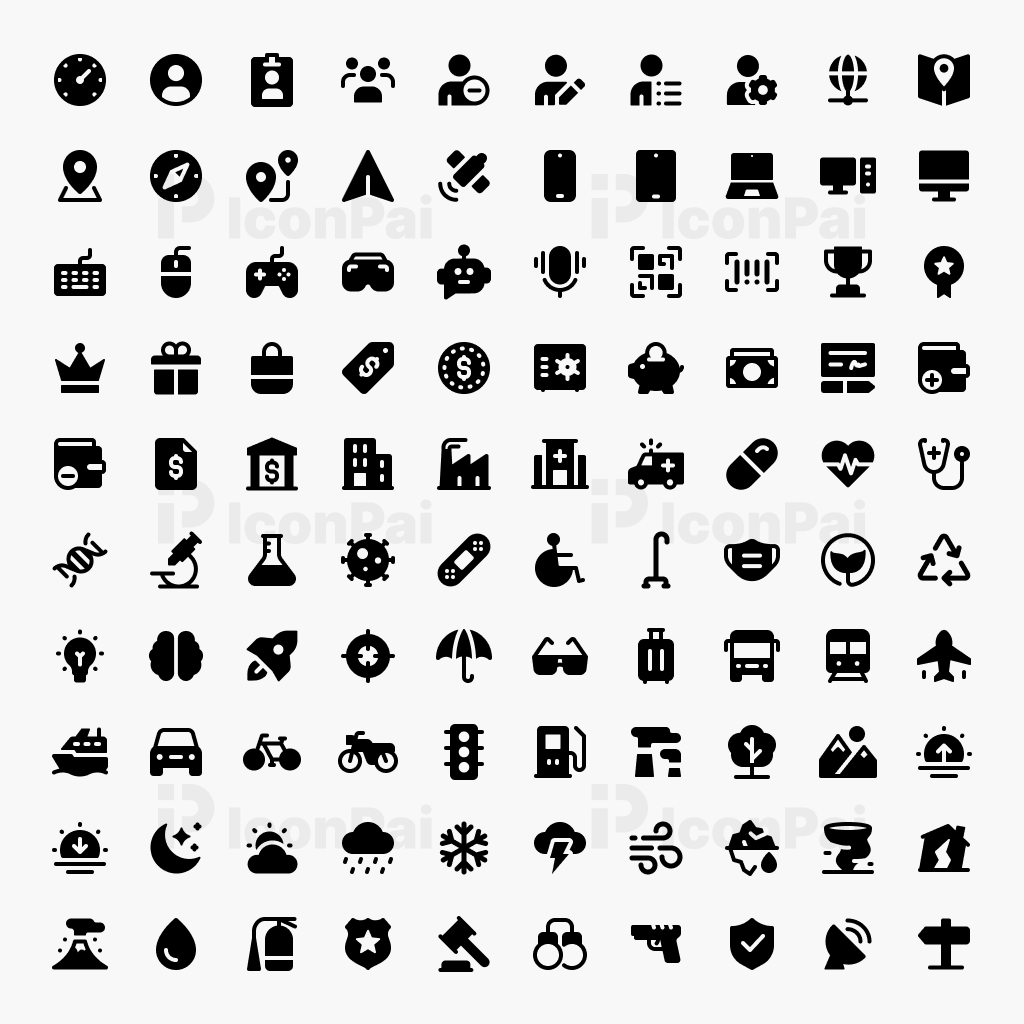 Basic UI Icons – Solid filled style preview featuring 100 essential UI icons.