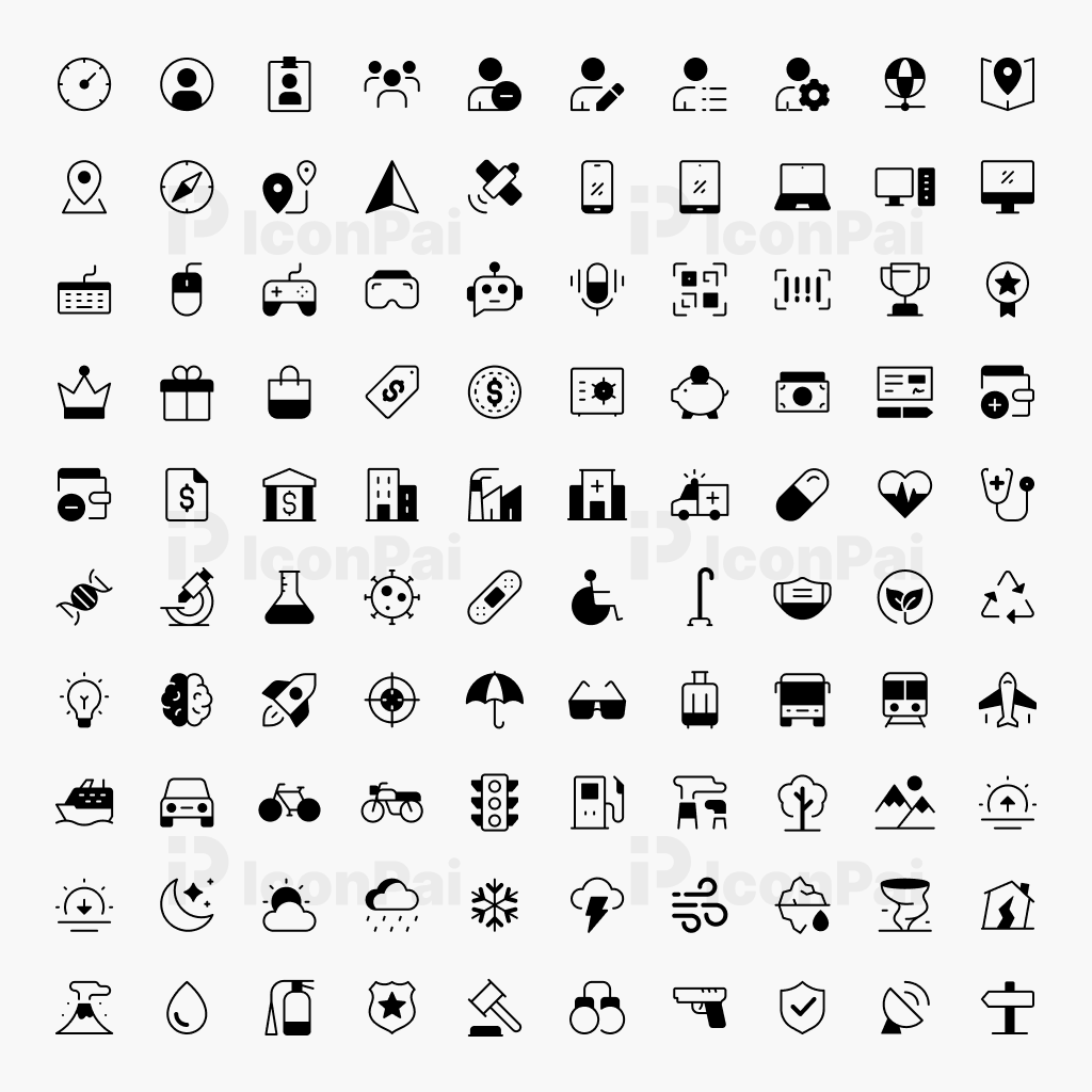 Basic UI Icons – Half-filled style preview showing 100 modern interface icons.
