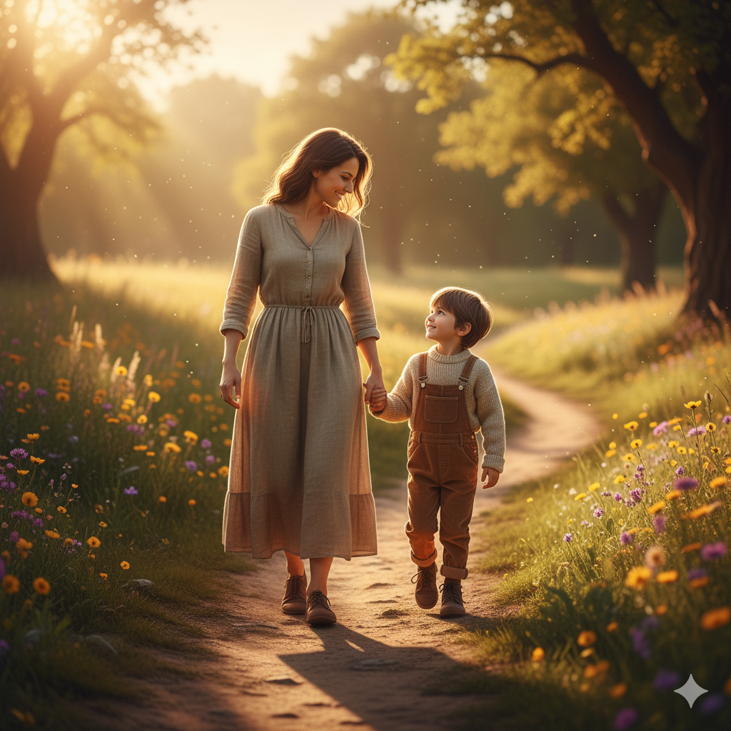 Therapeutic parenting moment of a mother guiding her child on a sunlit path, symbolizing support, connection, and emotional growth.