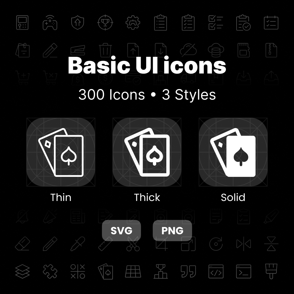 Basic UI Icons V3 – 100 essential interface icons shown in Thin, Thick, and Solid styles.