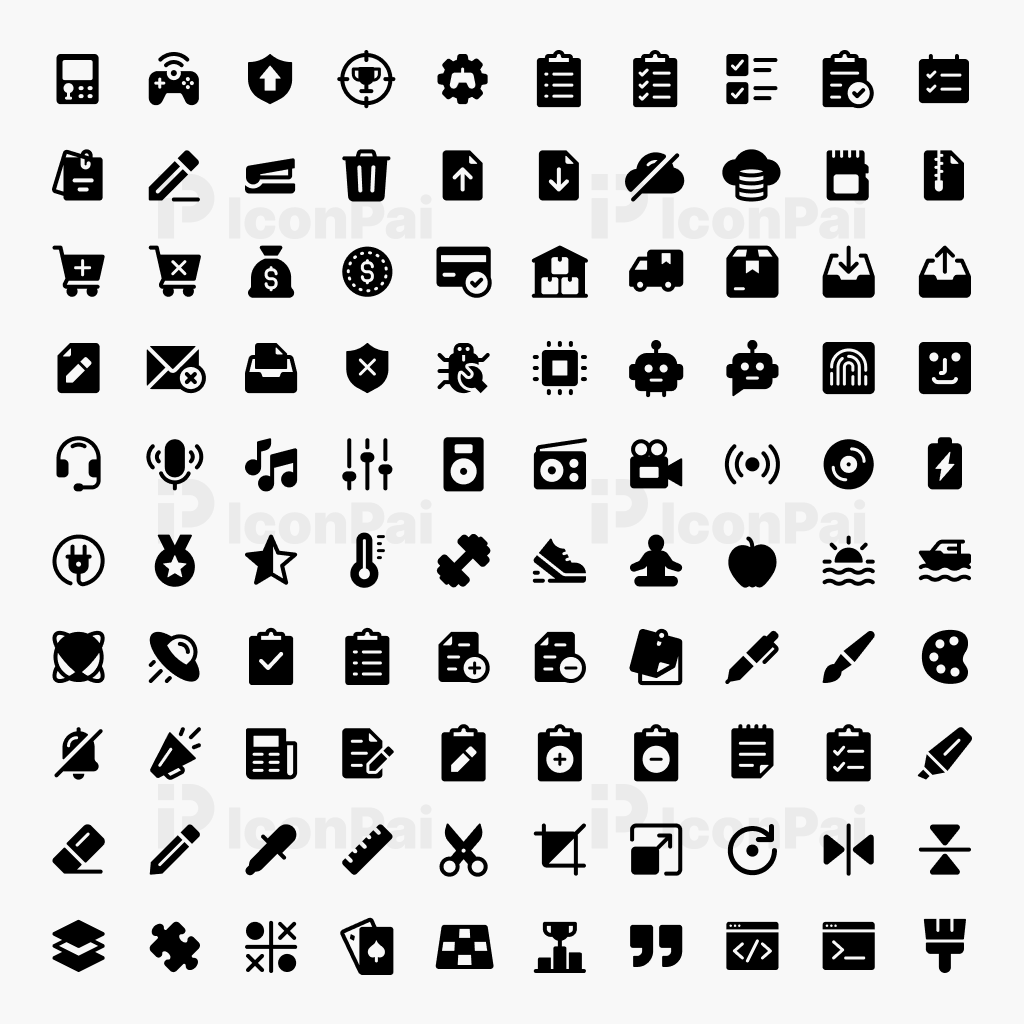 Basic UI Icons V3 – Solid filled style preview featuring 100 essential UI and app icons.