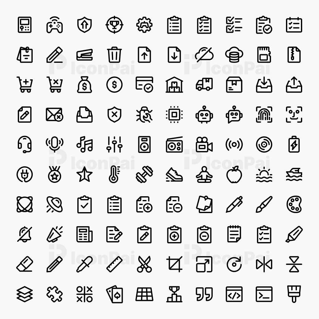 Basic UI Icons V3 – Bold thick line style preview of 100 essential UI icons.