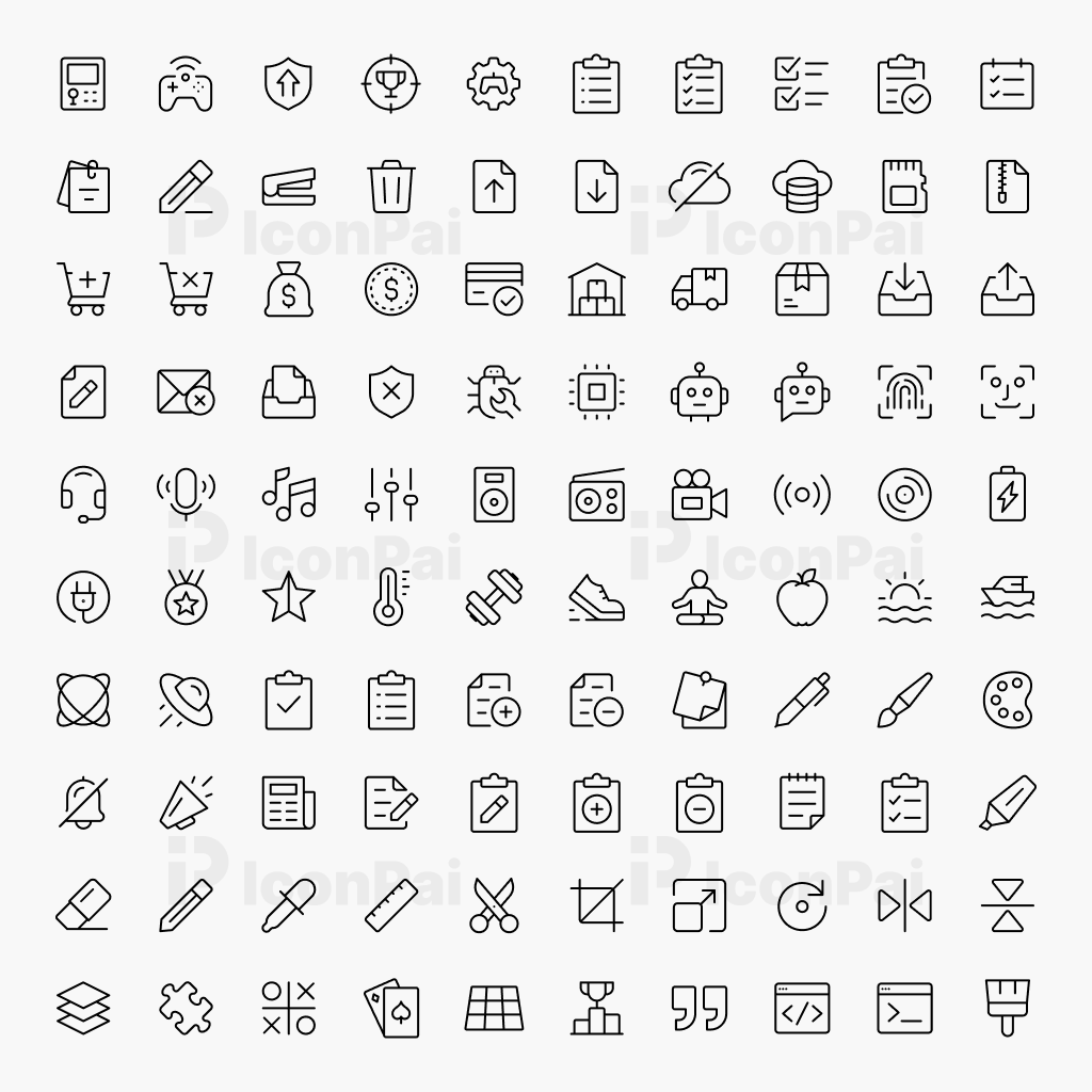 Basic UI Icons V3 – Thin line style preview of 100 clean minimal interface icons.