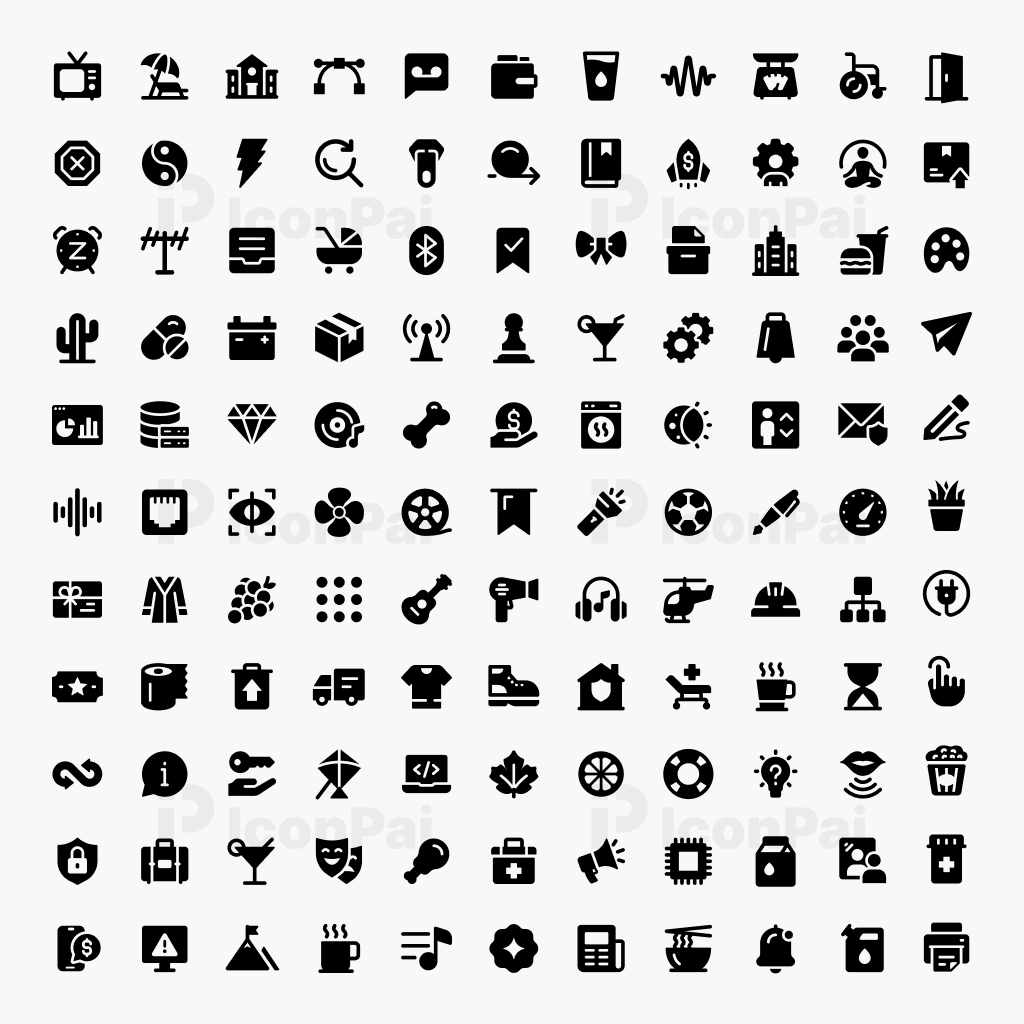 Basic UI Icons V4 – Solid filled style preview featuring 125 core UI icons.