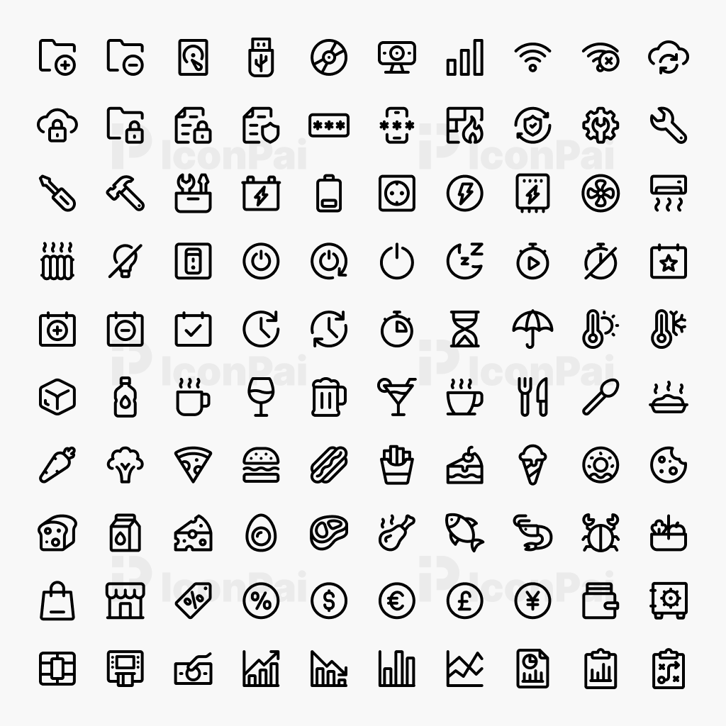 Basic UI Icons V6 – Bold thick line style preview of 100 essential interface icons.
