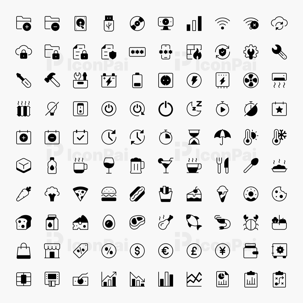Basic UI Icons V6 – Half-filled style preview showing 100 modern UI and app icons.