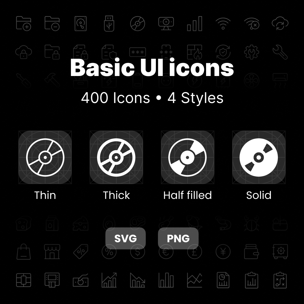 Basic UI Icons V6 – 100 essential interface icons shown in Thin, Thick, Half-Filled, and Solid styles.