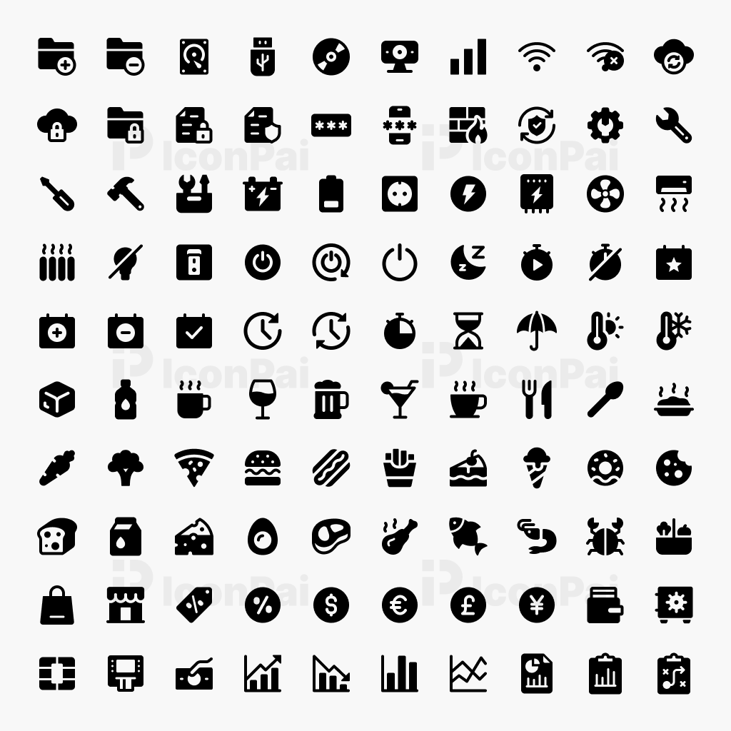 Basic UI Icons V6 – Solid filled style preview featuring 100 core UI icons.