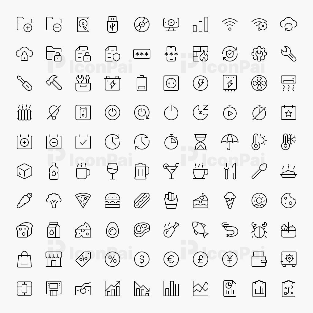 Basic UI Icons V6 – Thin line style preview of 100 clean minimal UI icons.