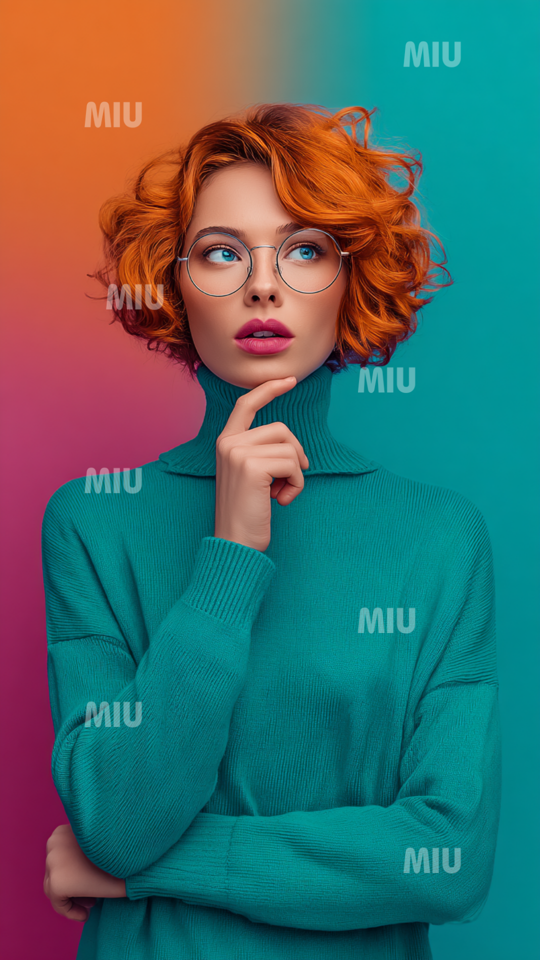 Femme entrepreneuse en moment de réflexion profonde sur fond coloré moderne et minimaliste.