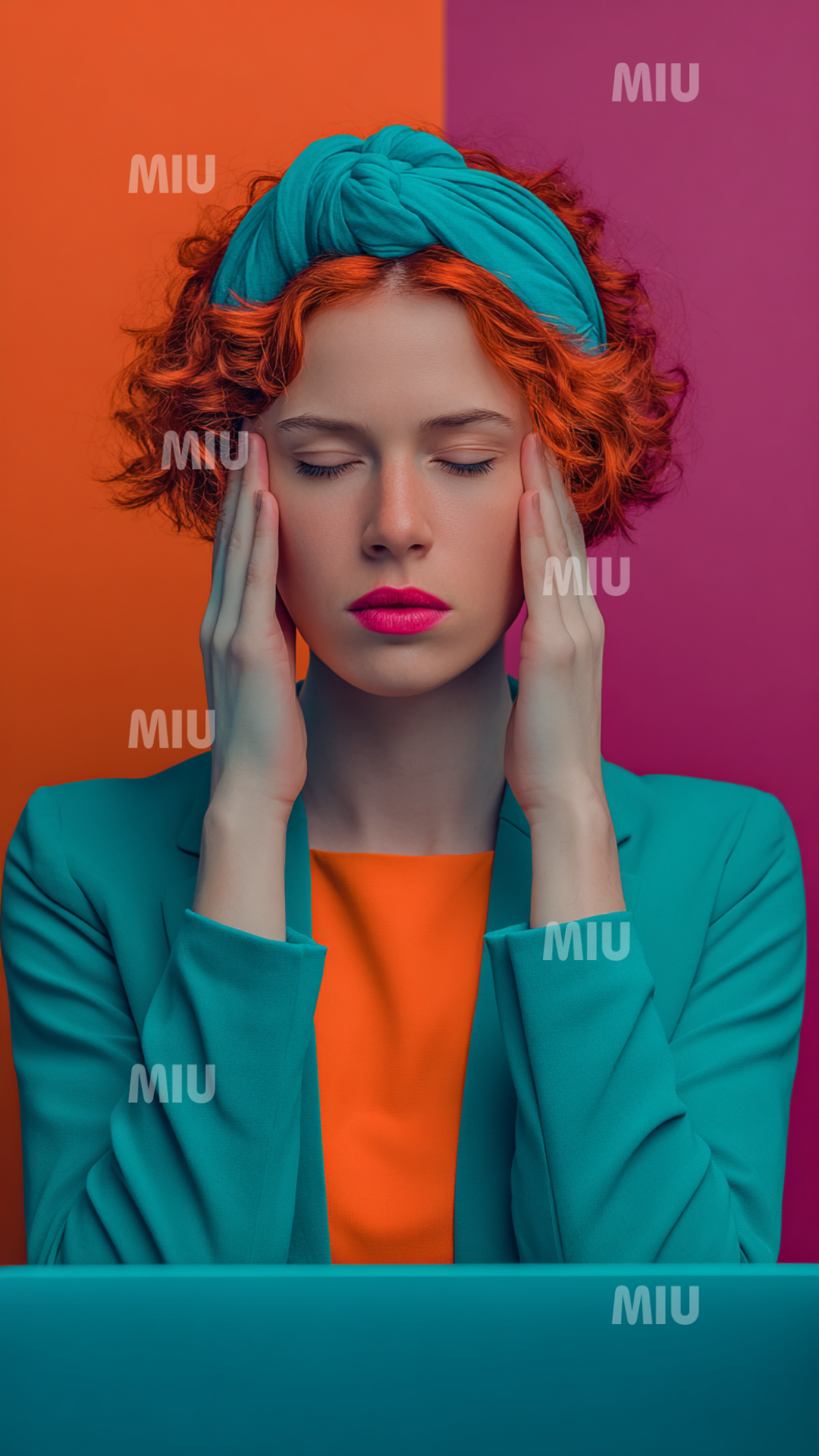 Femme entrepreneuse en surcharge mentale avec les mains sur les tempes sur fond coloré moderne.