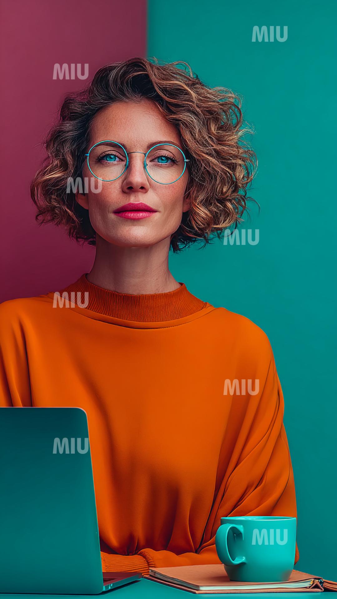 Femme entrepreneuse en pleine vision créative travaillant sur ordinateur avec tasse sur fond coloré moderne.