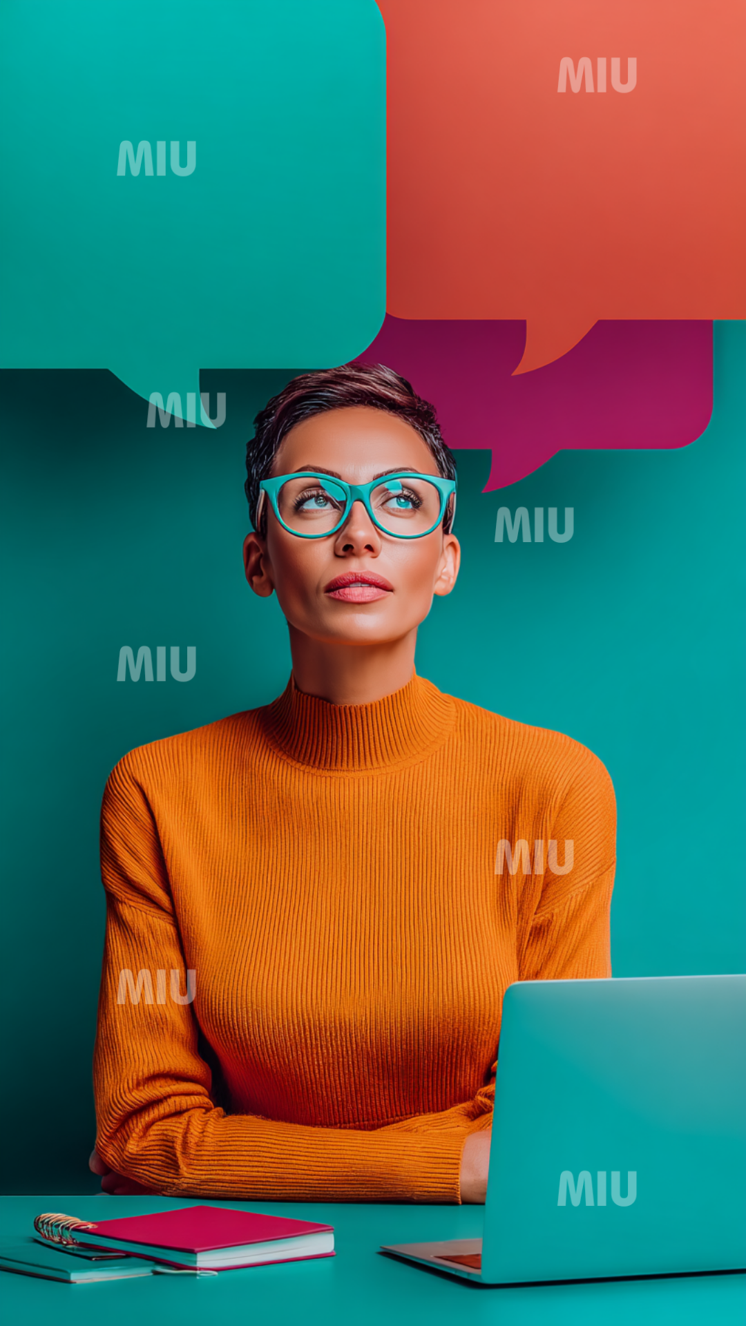 Femme entrepreneuse en réflexion stratégique devant un ordinateur avec bulles de pensée colorées sur fond moderne.