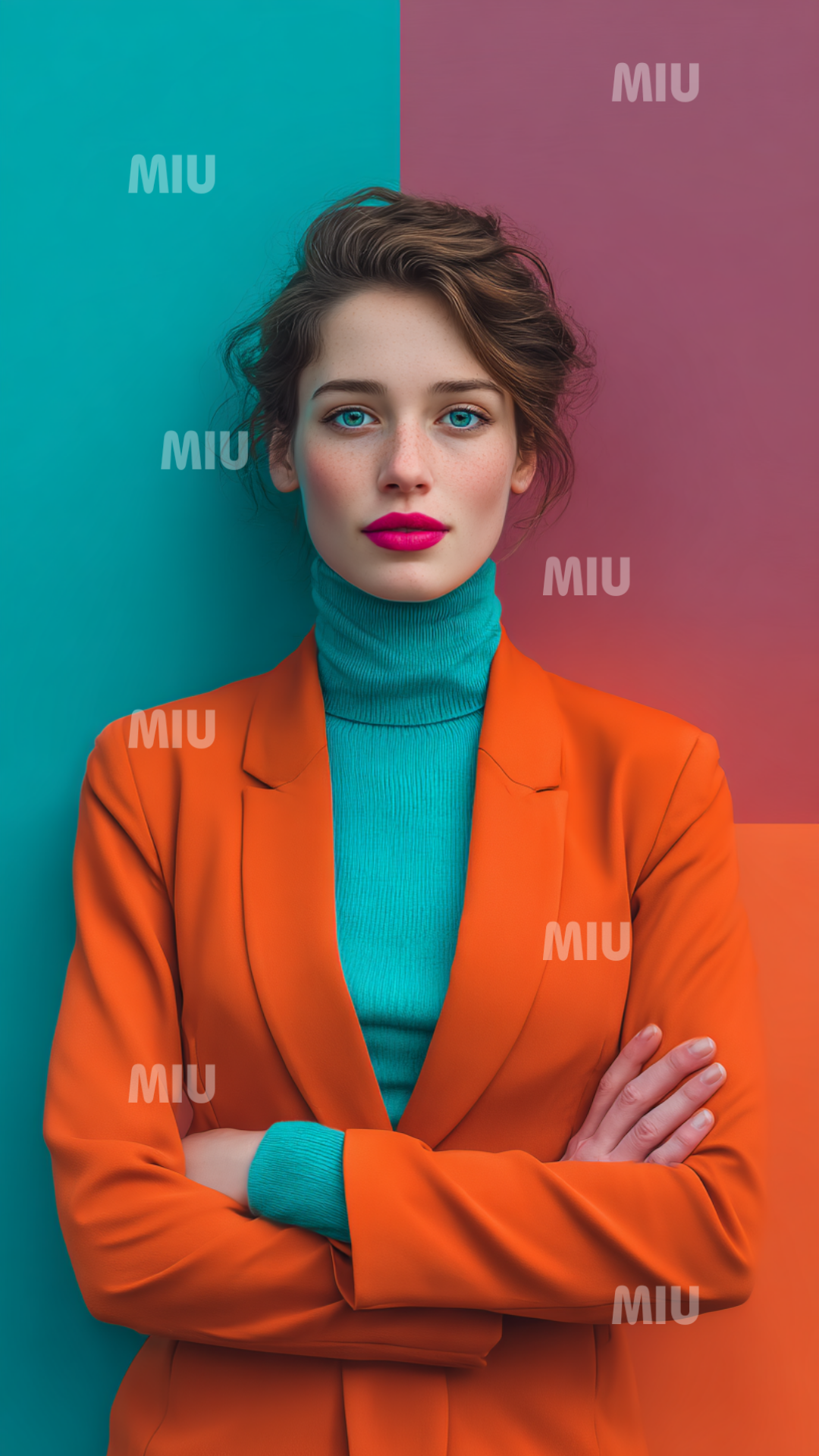 Femme entrepreneuse à la posture affirmée, bras croisés, dans un univers coloré et moderne.