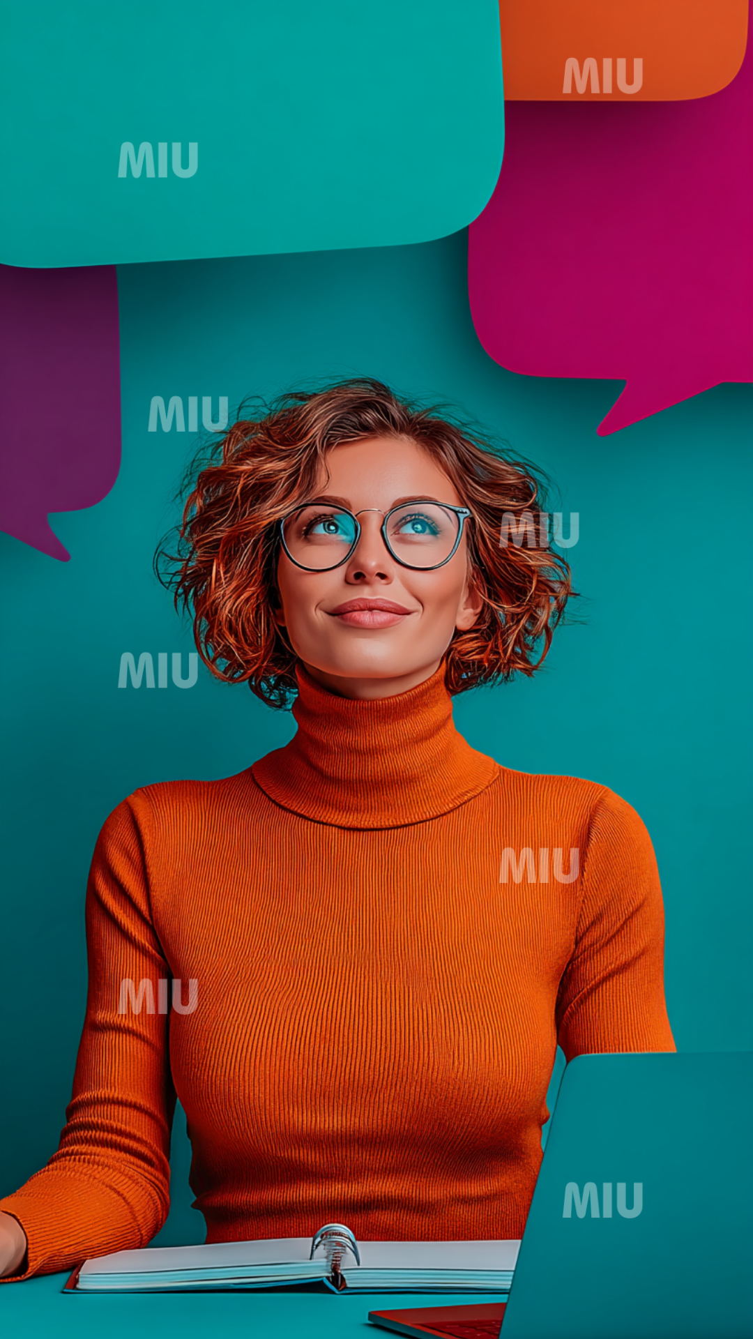 Femme entrepreneuse avec des bulles d’idées autour de la tête dans un univers coloré et créatif.