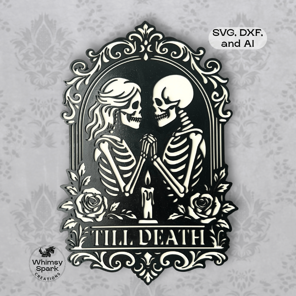 Gothic skeleton couple kissing inside an ornate baroque frame with roses and a candle, featuring the phrase “Till Death,” dark romance laser cut design for goth Valentine decor, wedding, and Halloween projects.