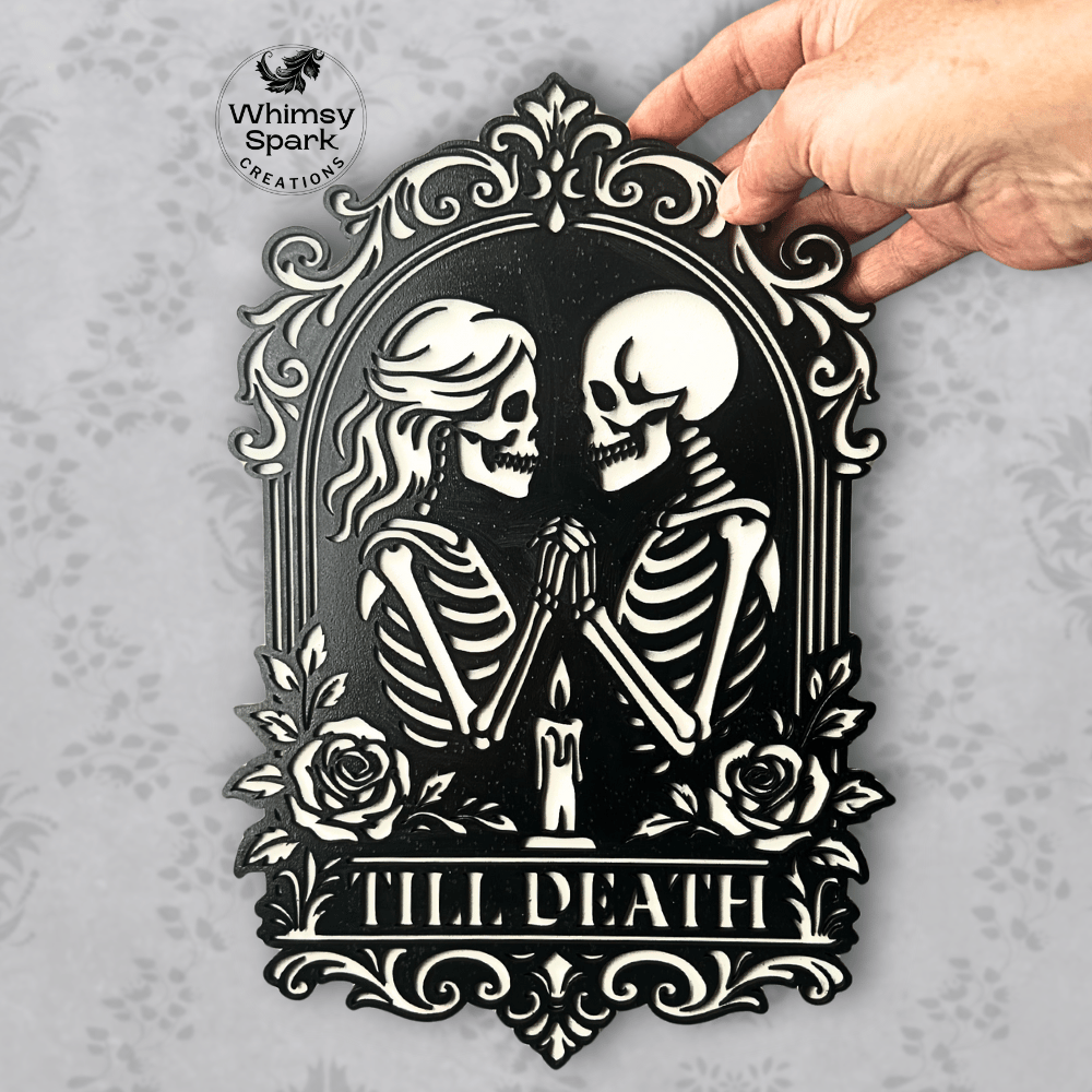 Gothic skeleton couple kissing inside an ornate baroque frame with roses and a candle, featuring the phrase “Till Death,” dark romance laser cut design for goth Valentine decor, wedding, and Halloween projects.