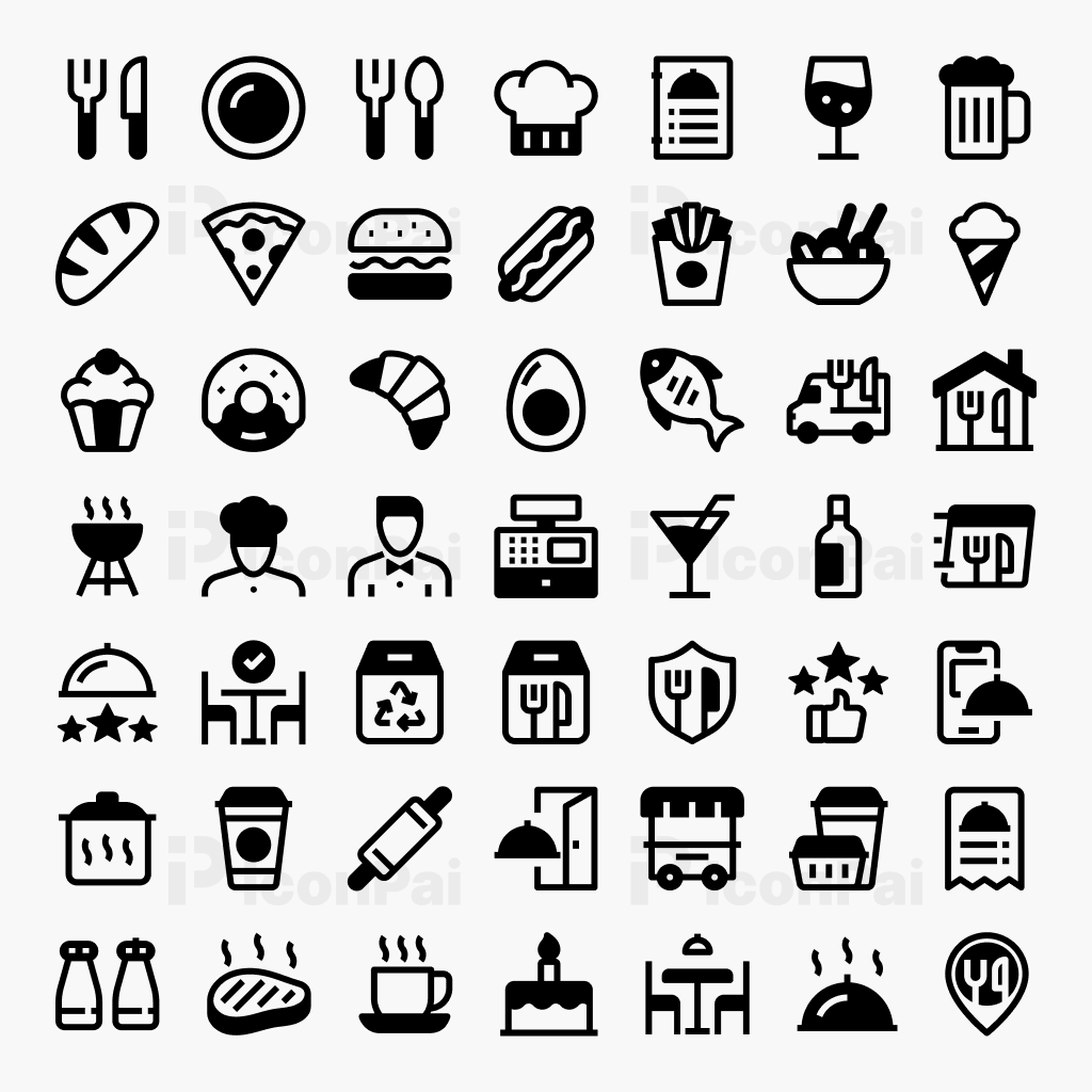 Food & Restaurant Icons – Half-filled style preview showing food, drinks, and restaurant icons.