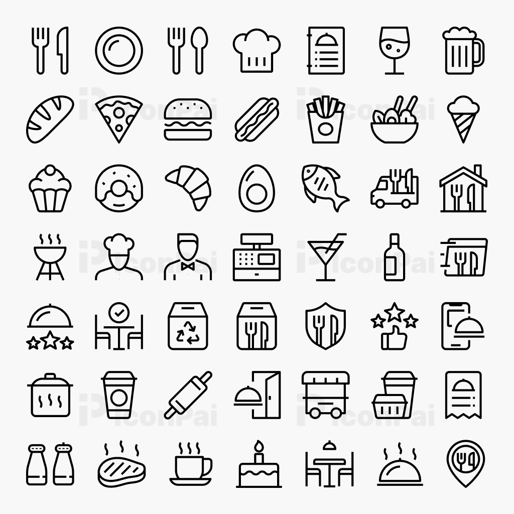 Food & Restaurant Icons – Bold thick line style preview of 50 restaurant and food icons.