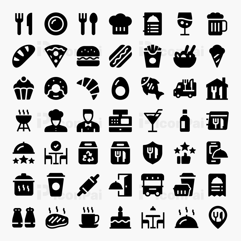 Food & Restaurant Icons – Solid filled style preview featuring 50 food and restaurant icons.