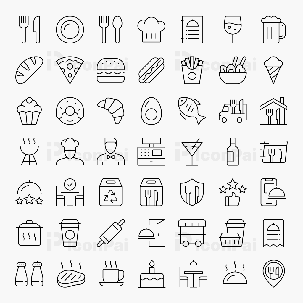 Food & Restaurant Icons – Thin line style preview of 50 food and dining icons.