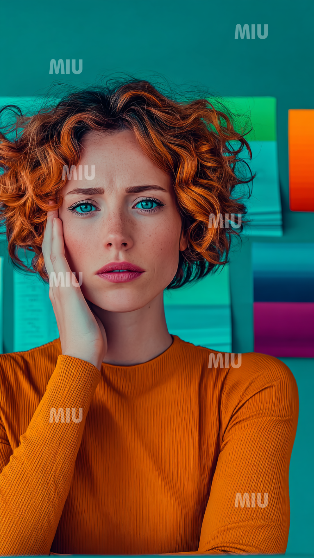 Portrait artistique d’une femme entrepreneuse en proie au doute intérieur, exprimant l’introspection, la réflexion et la vulnérabilité émotionnelle.