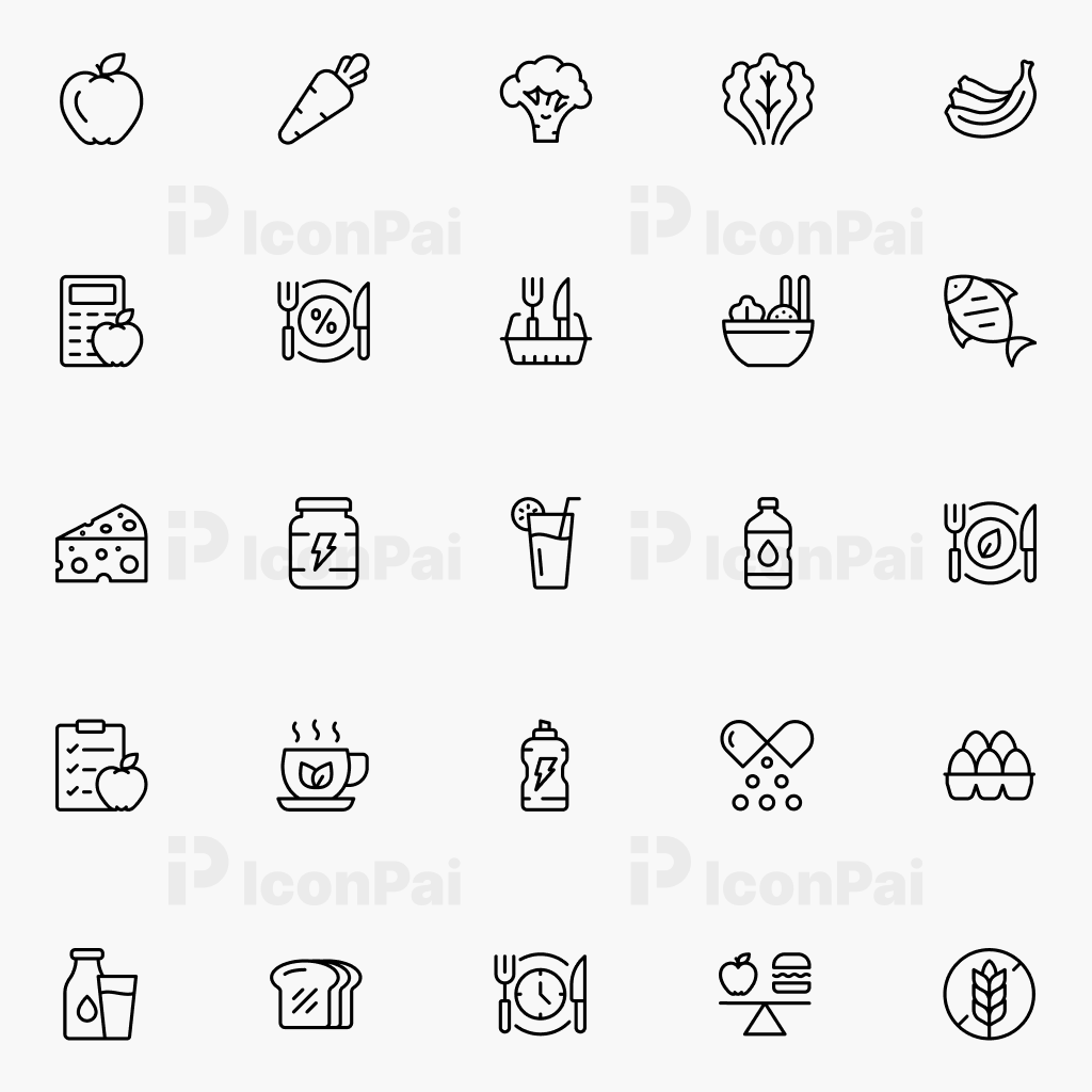 Nutrition Icons – Bold thick line style preview of 25 nutrition and diet icons.