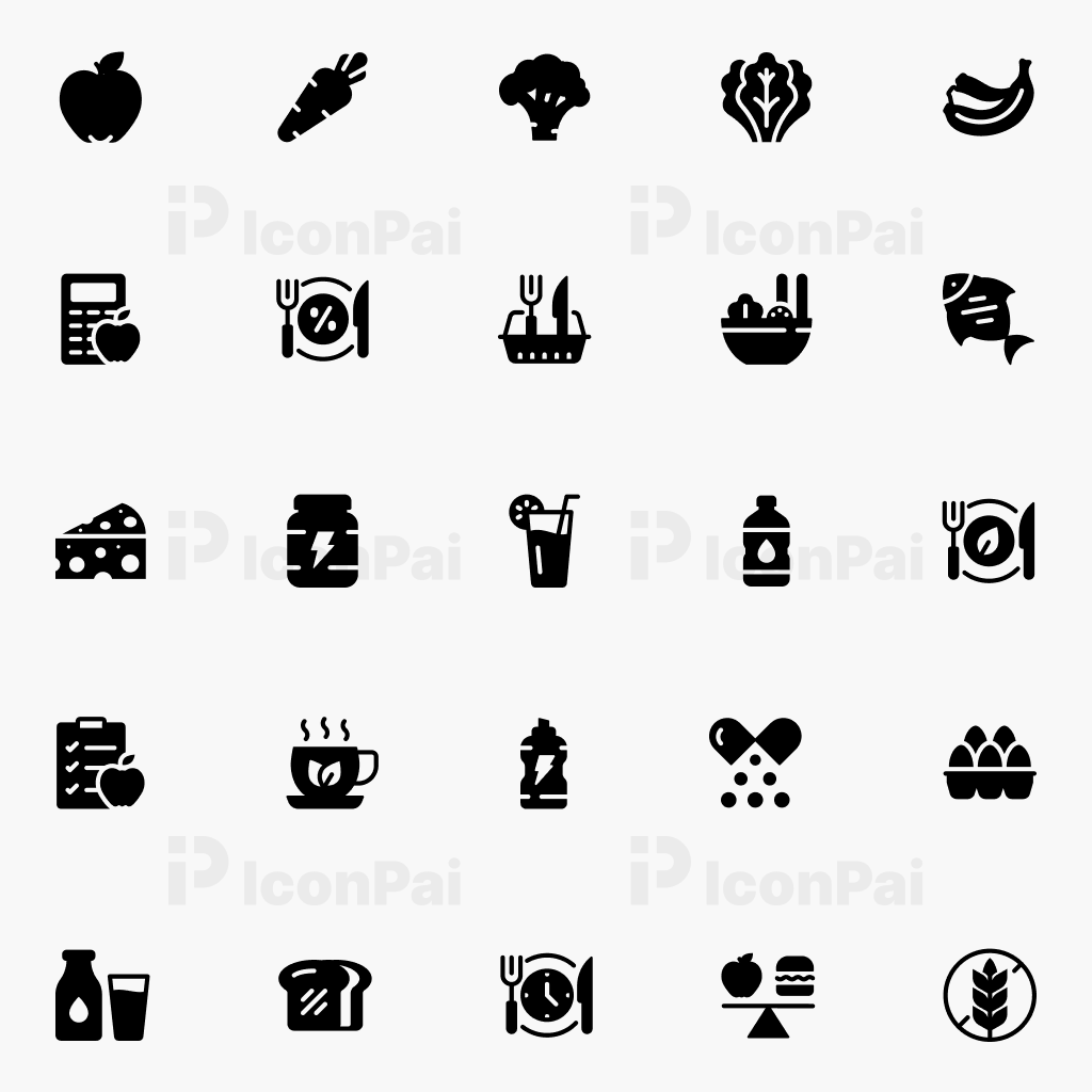 Nutrition Icons – Solid filled style preview featuring 25 nutrition and healthy lifestyle icons.