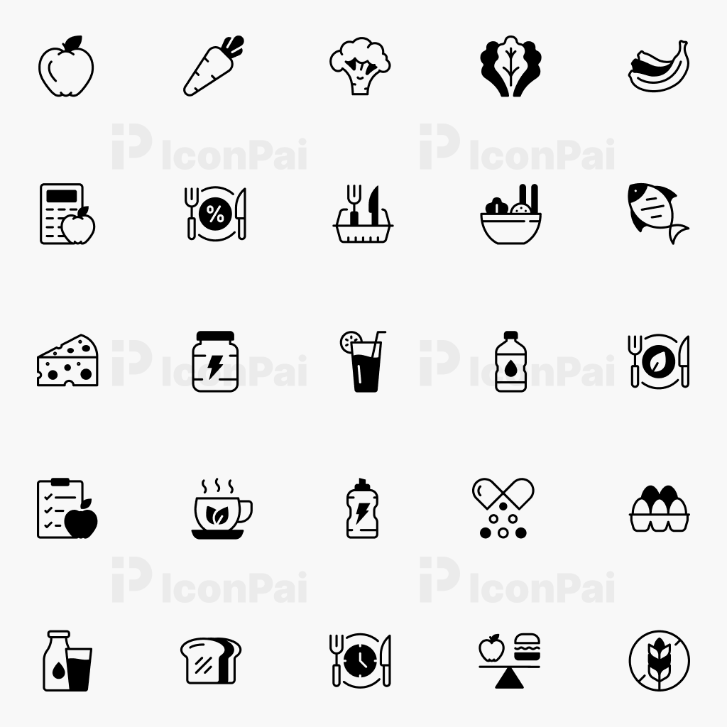 Nutrition Icons – Half-filled style preview showing healthy food and wellness icons.