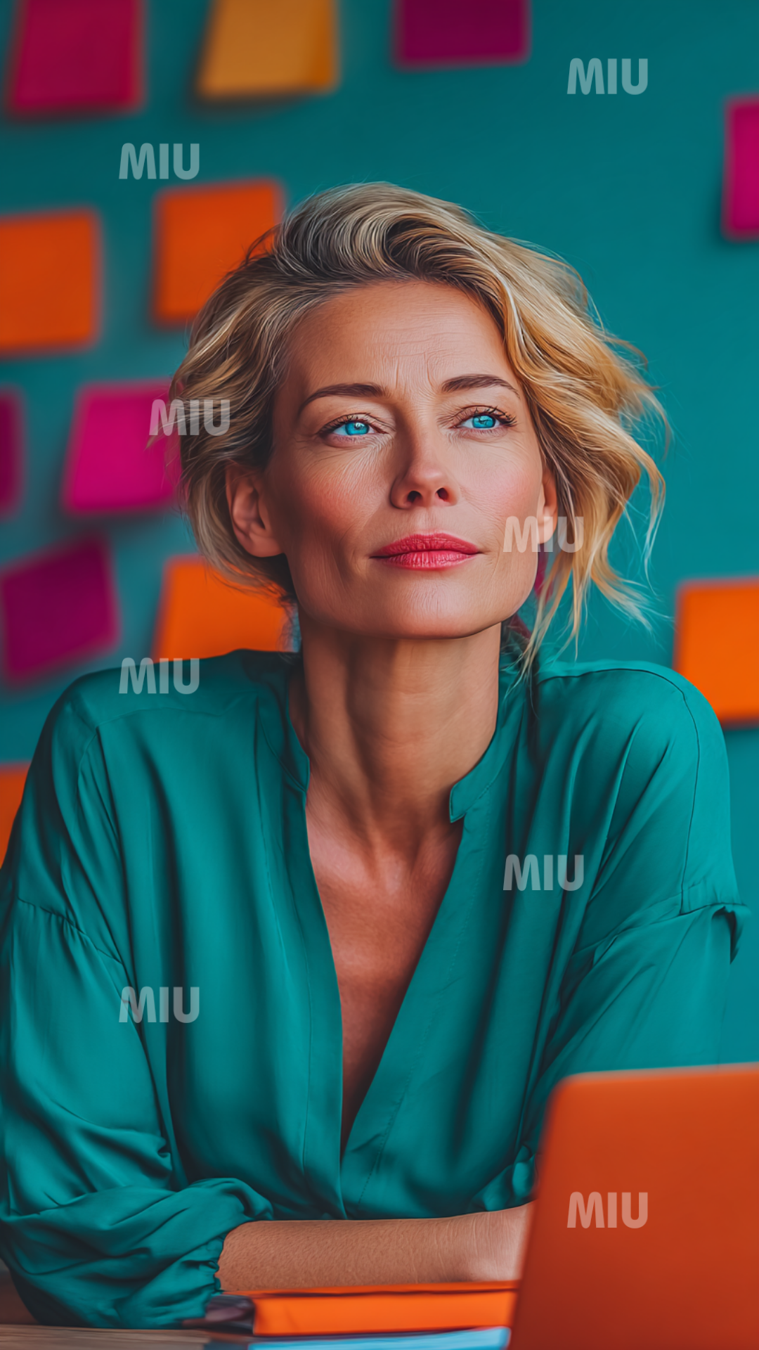 Portrait artistique d’une femme entrepreneuse en réflexion stratégique devant son ordinateur, symbolisant la vision, l’analyse et la prise de décision.