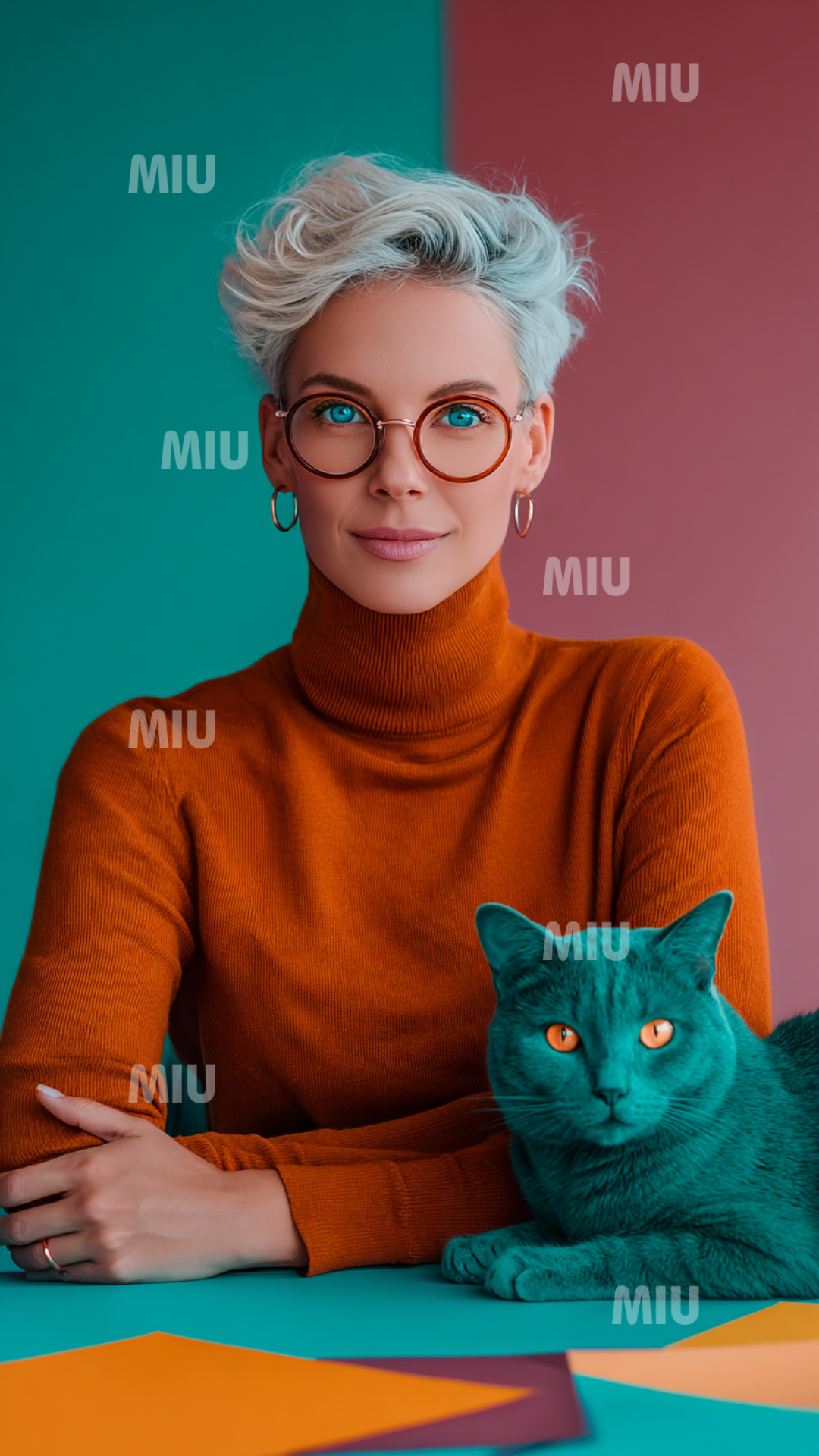 Portrait d’une femme entrepreneuse exprimant une complicité créative et intuitive, accompagnée d’un chat symbolisant l’inspiration et la sensibilité.