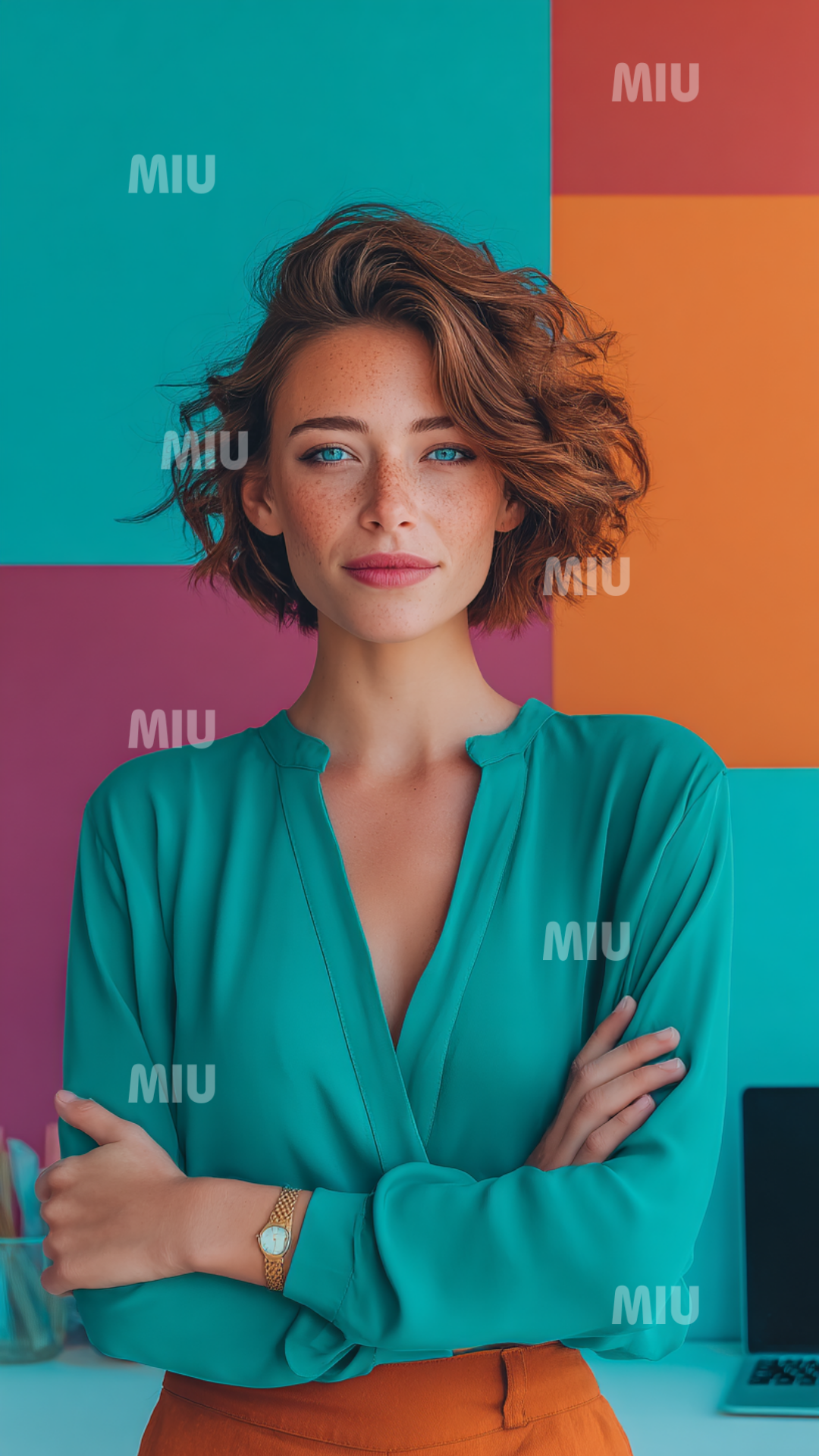 Entrepreneuse confiante aux bras croisés dans un univers coloré, symbolisant assurance, professionnalisme et leadership féminin.