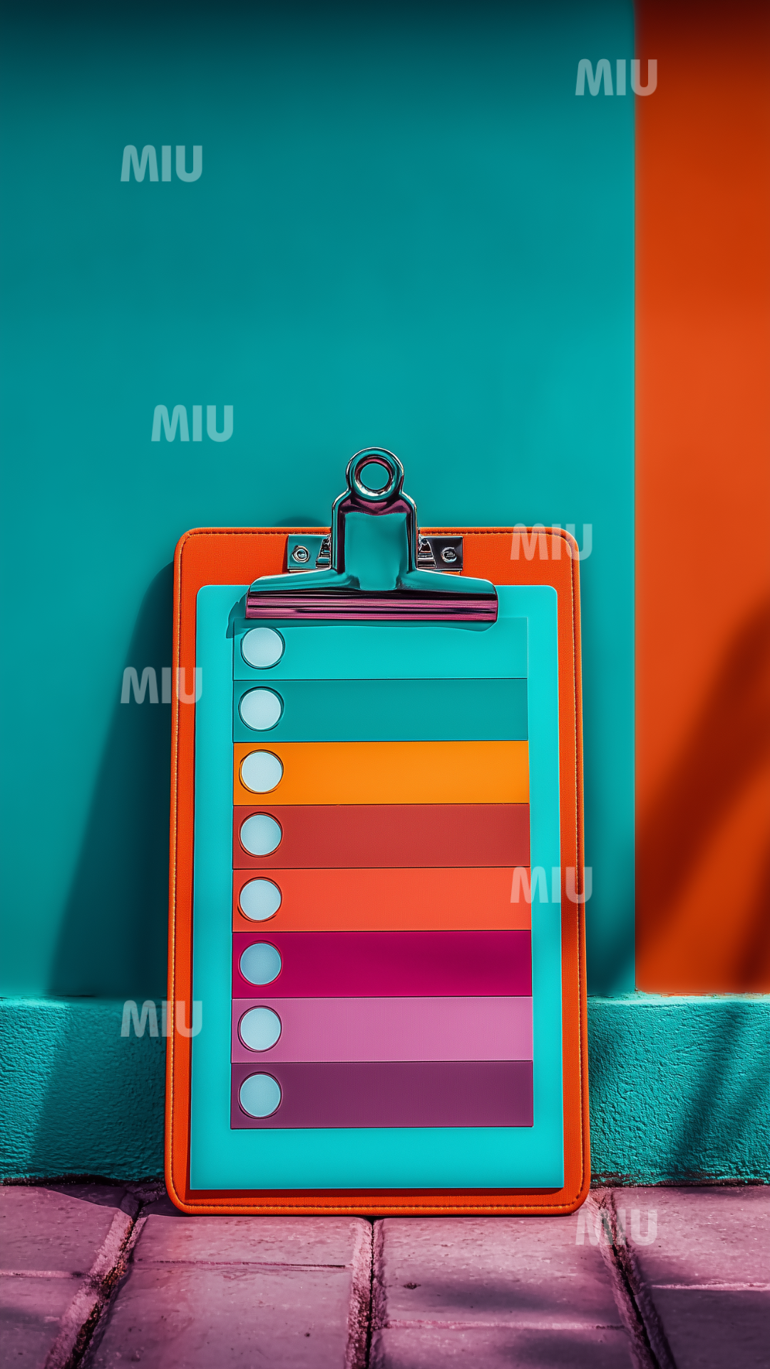 Liste de priorités créatives colorée sur clipboard, symbolisant organisation, clarté et structuration des idées pour entrepreneuse.