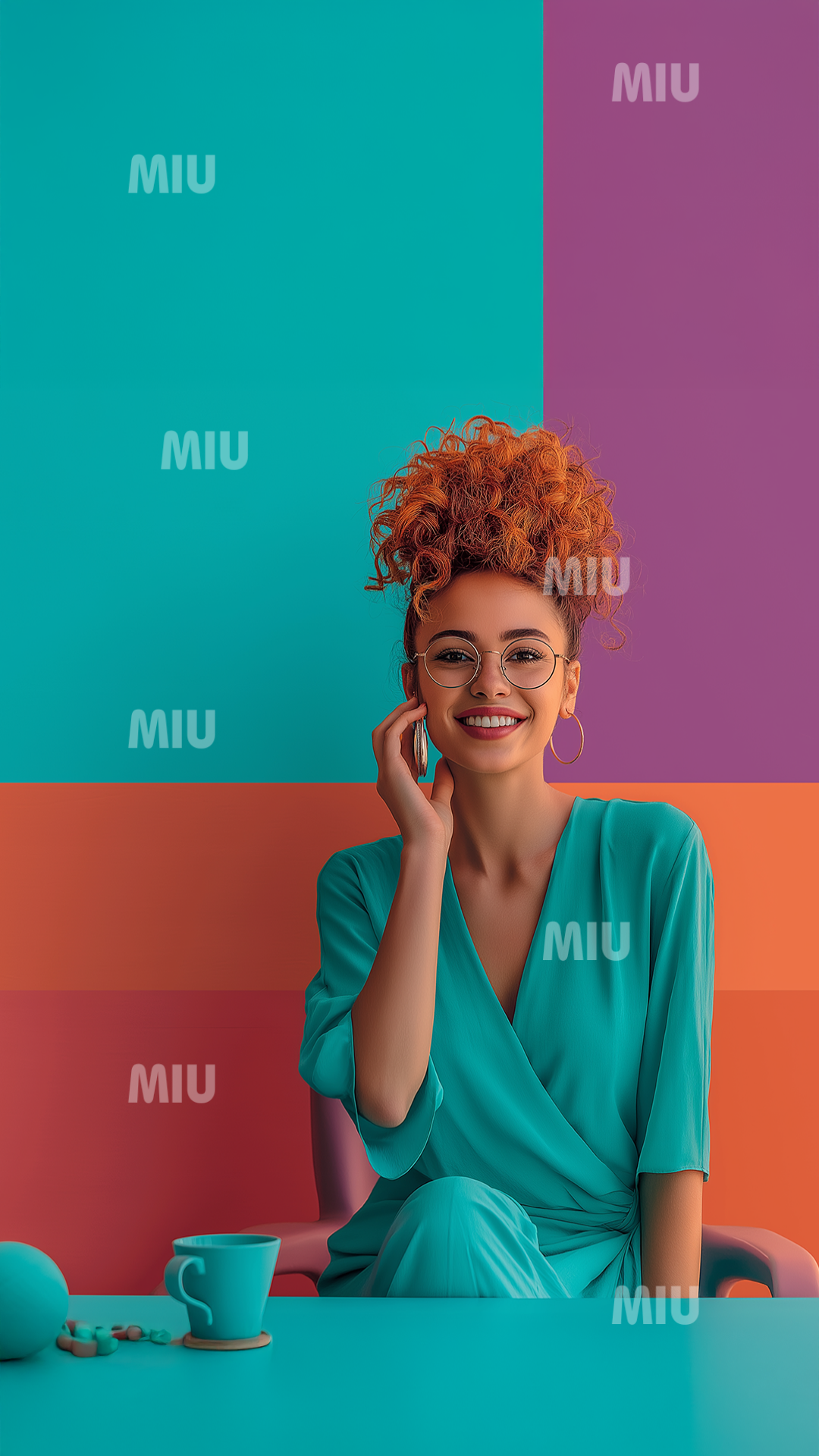 Entrepreneuse souriante et lumineuse symbolisant l’énergie positive, la joie, la confiance et la créativité dans un univers coloré.