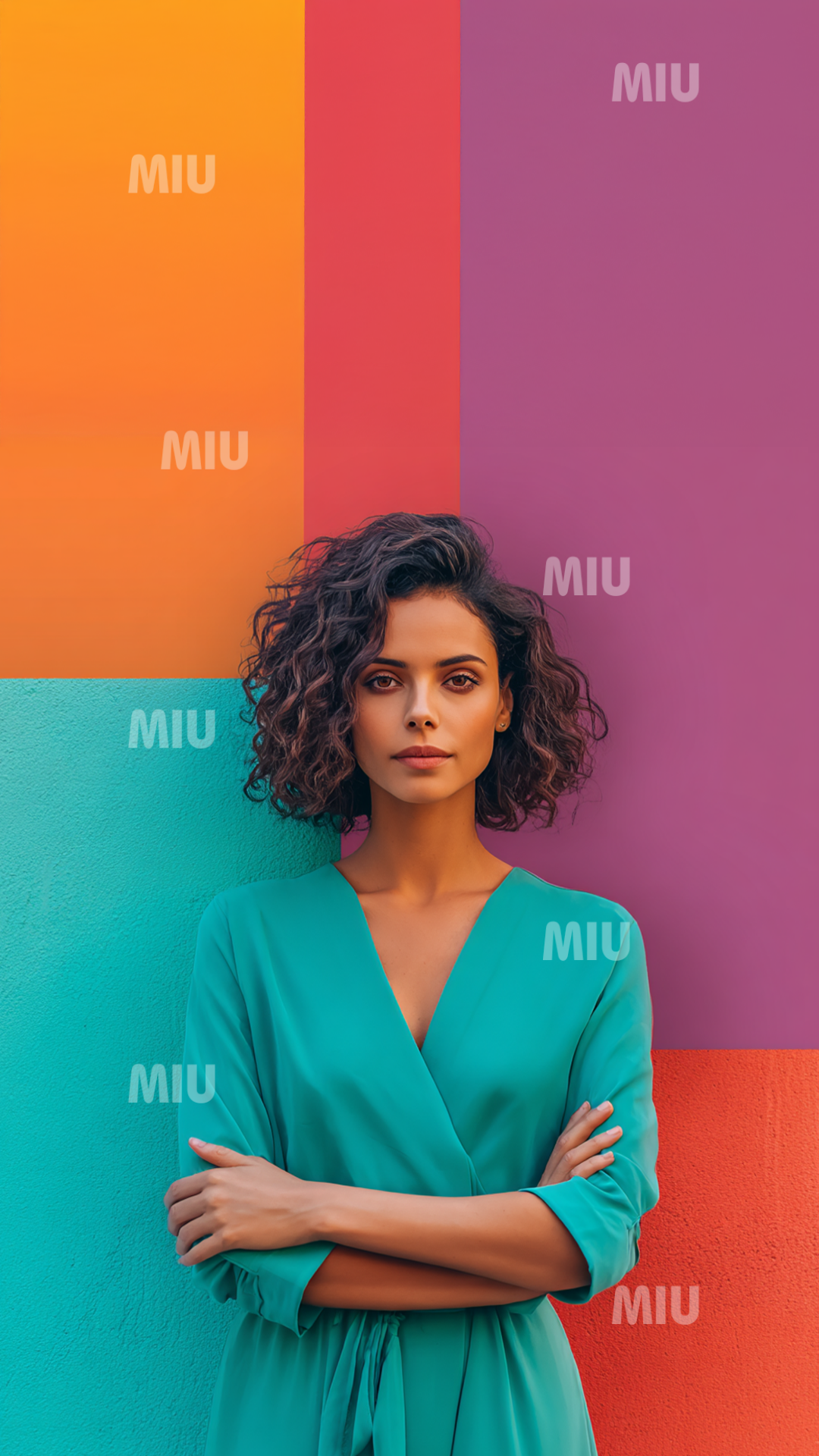 Entrepreneuse à l’énergie posée et confiante, posture affirmée et regard calme dans un univers graphique coloré et professionnel.