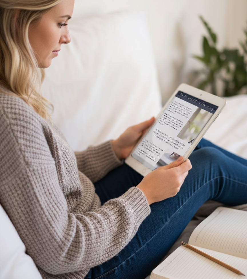 woman reading the journal guide on an ipad