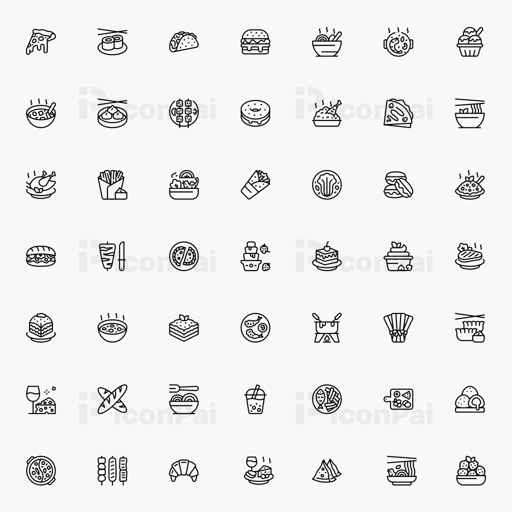 Food Tourism Icons – Bold thick line style preview of 50 food travel and gastronomy icons.