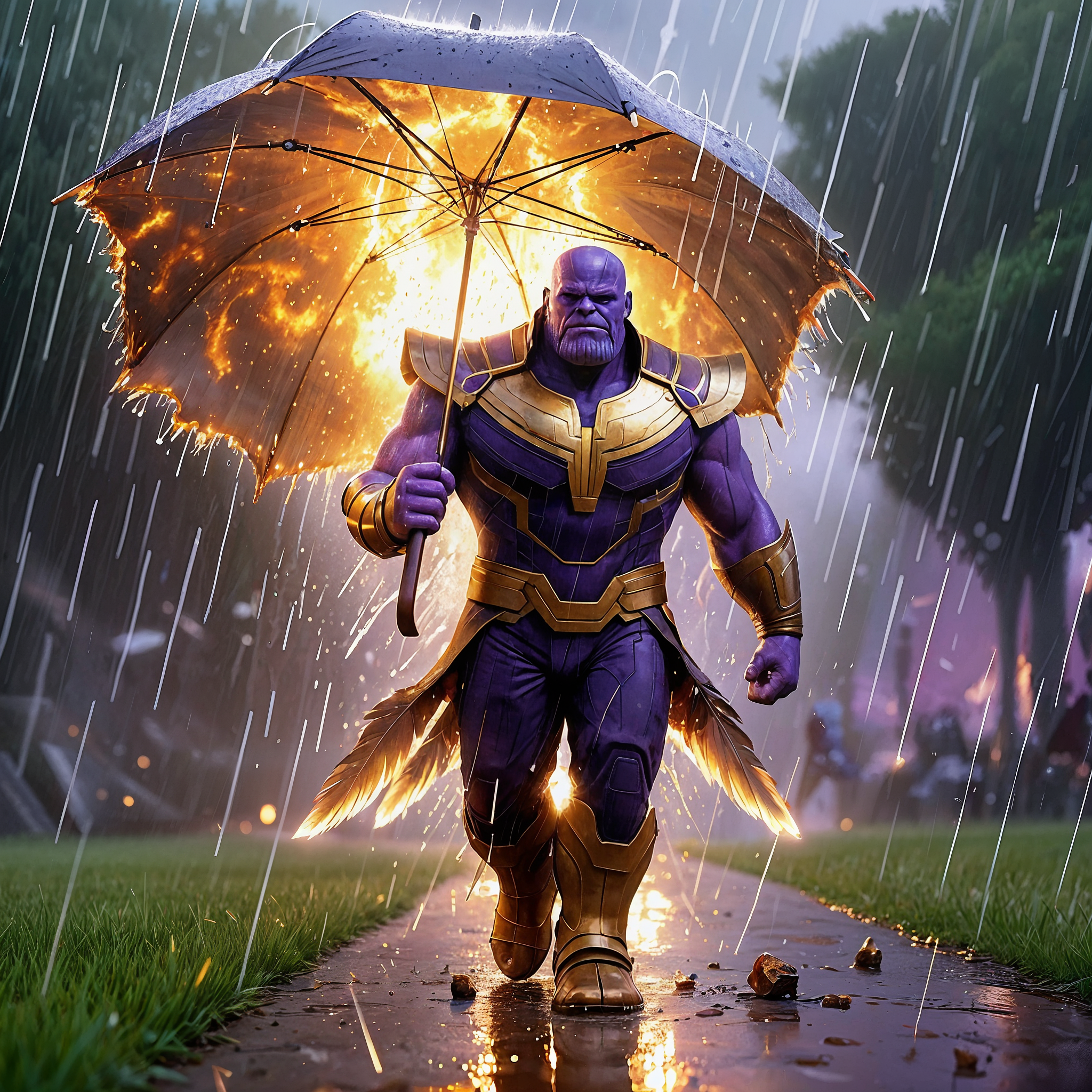 Thanos chilling in the rain