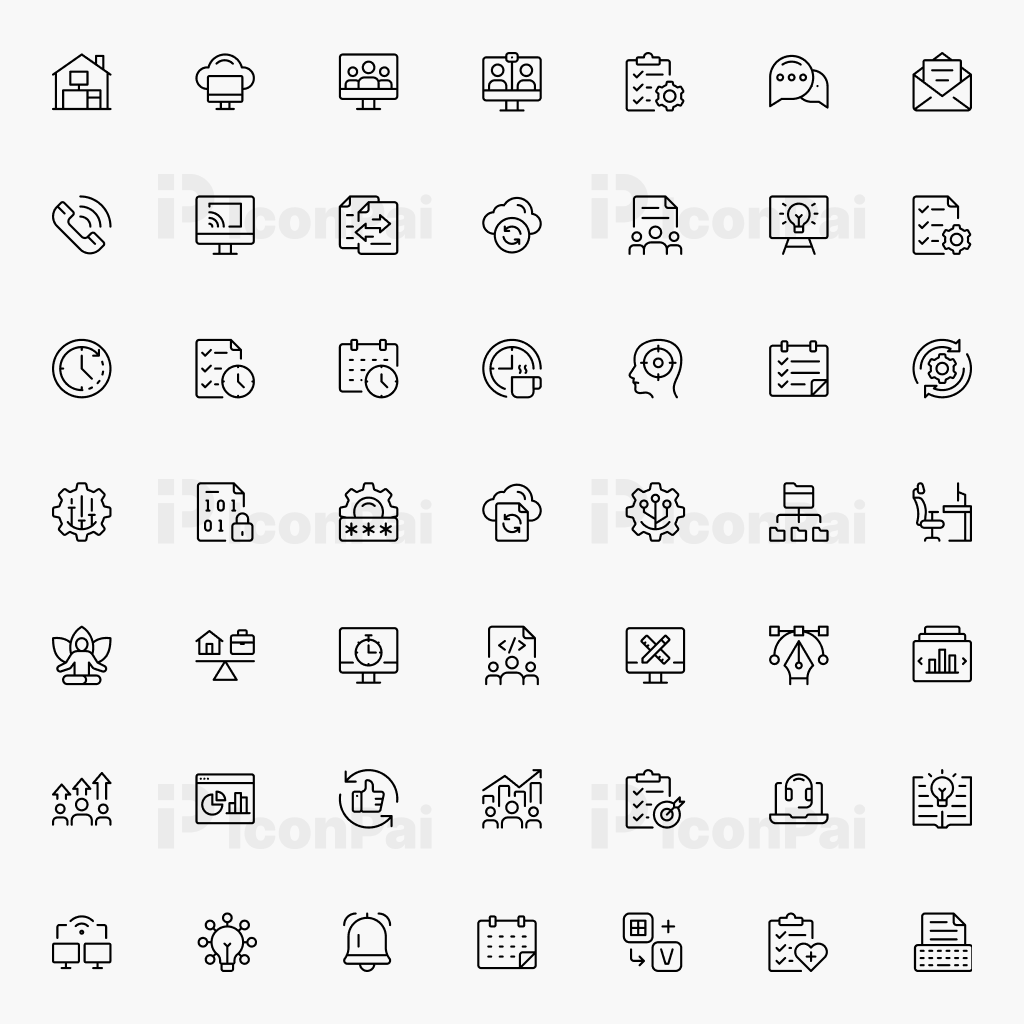 Remote Work & Productivity Icons – Bold thick line style preview of 50 remote work and task icons.