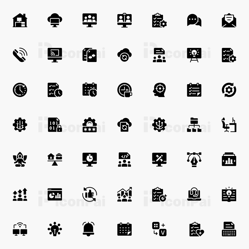 Remote Work & Productivity Icons – Solid filled style preview featuring 50 productivity and remote work icons.