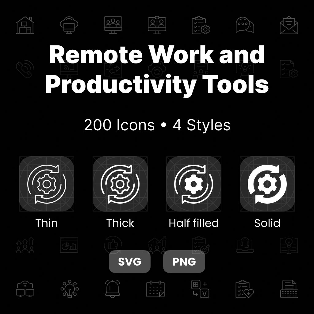 Remote Work & Productivity Icons Pack – 50 productivity and work tools icons shown in Thin, Thick, Half-Filled, and Solid styles.